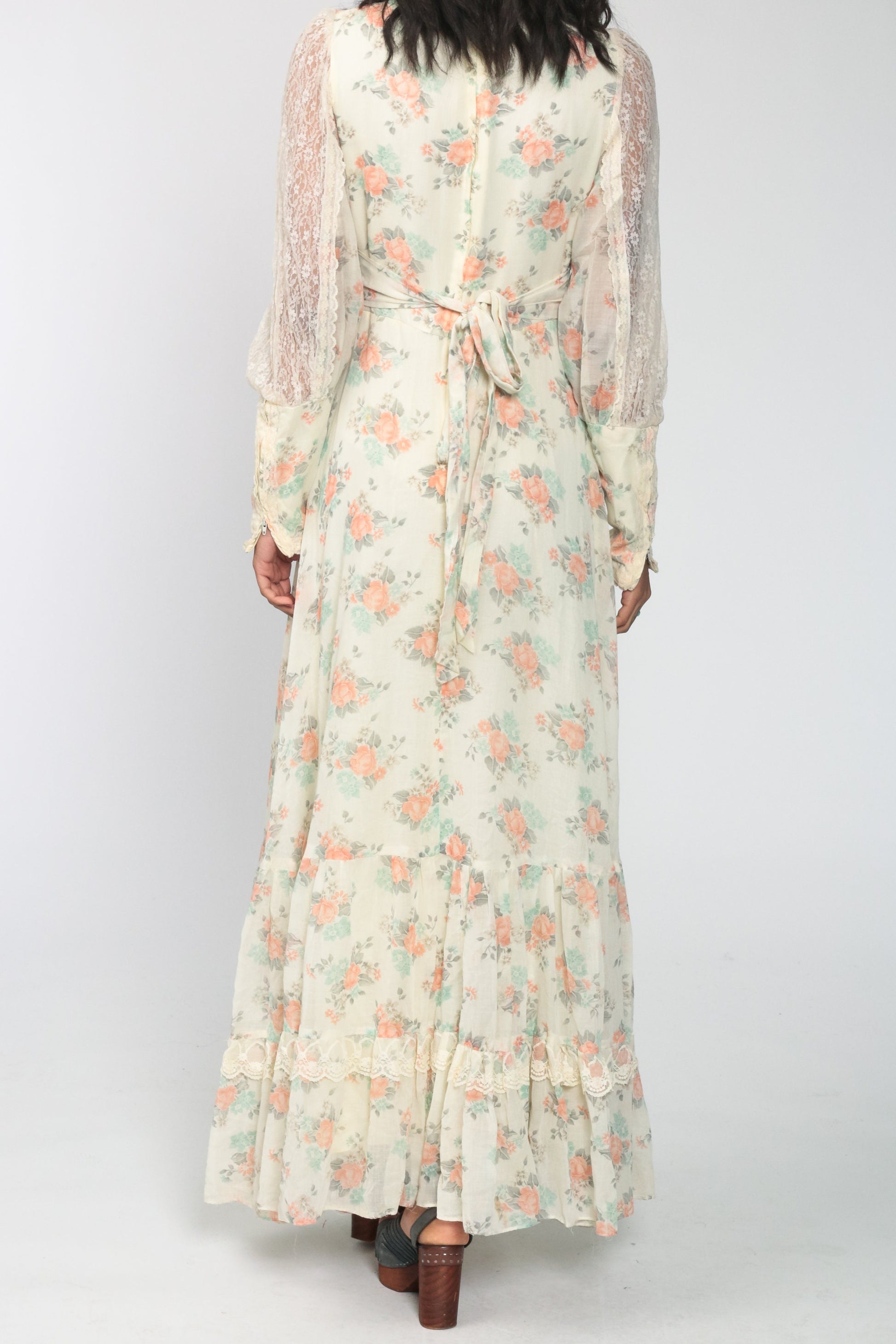 70s Gunne Sax Floral Maxi Dress Lace Sleeves Empire Waist Cream Small