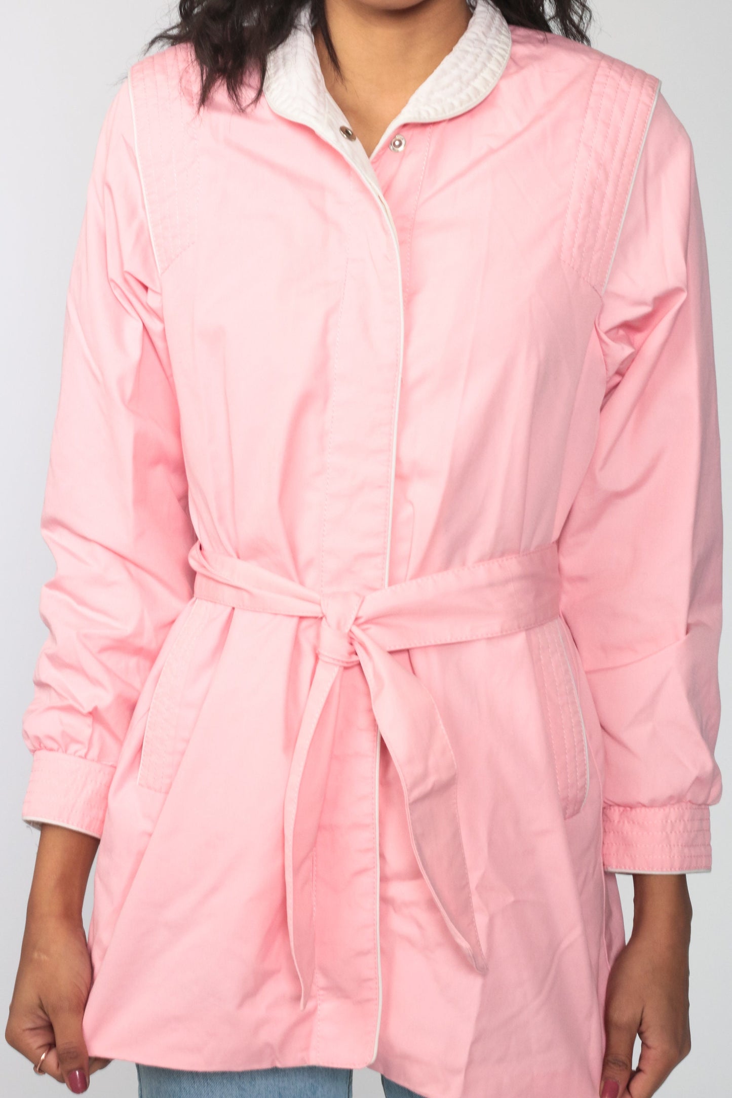 80s Baby Pink Hooded Windbreaker Jacket Belted Cotton Small
