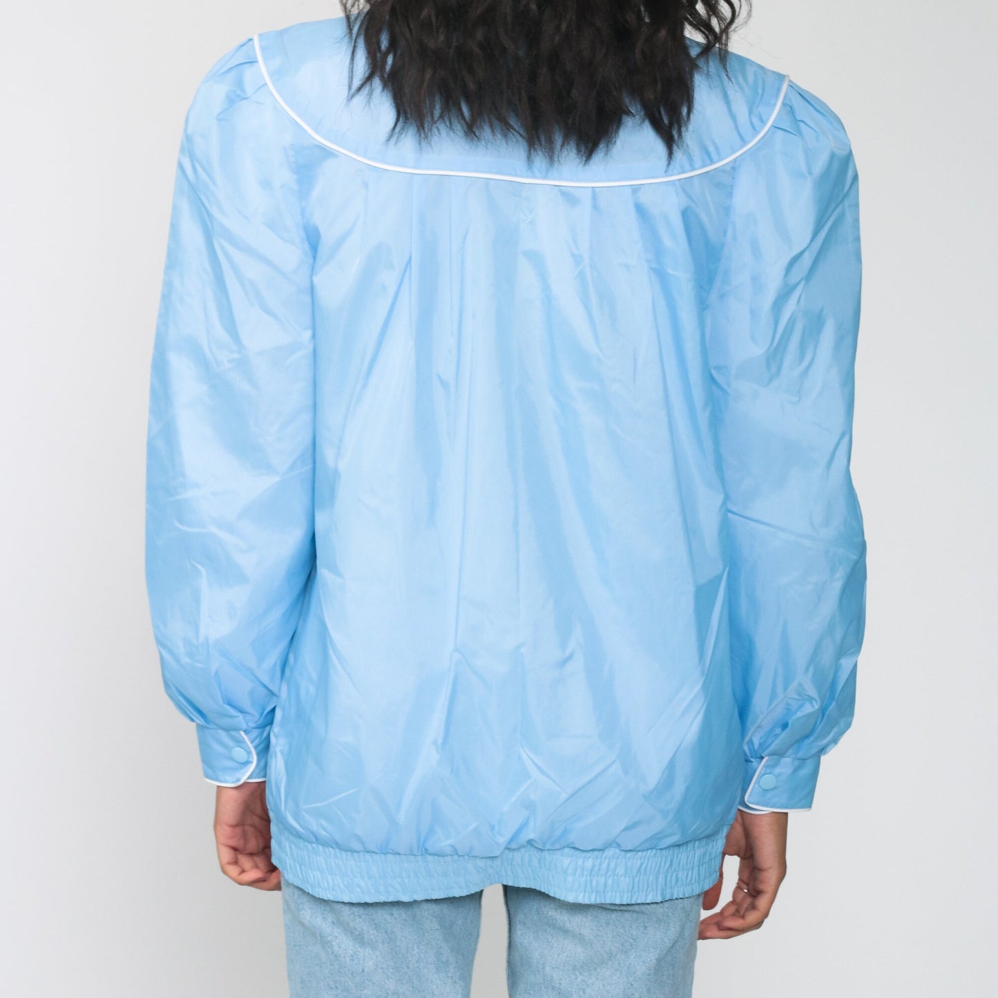 80s Blue Windbreaker Jacket Puff Sleeve Bomber Medium