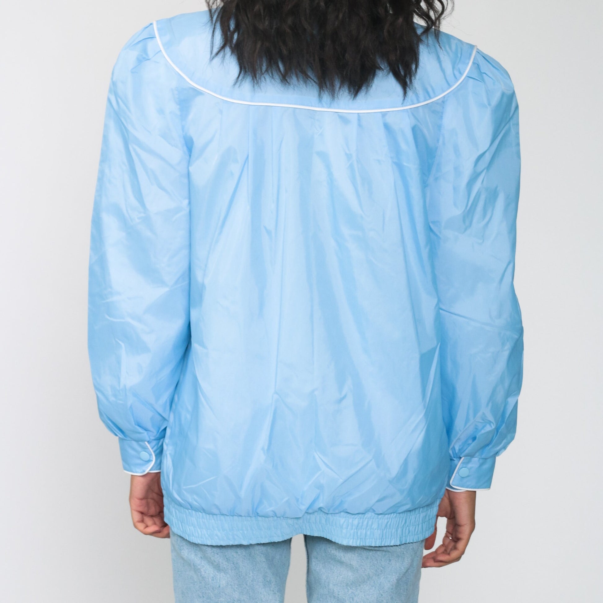 80s Blue Windbreaker Jacket Puff Sleeve Bomber Medium