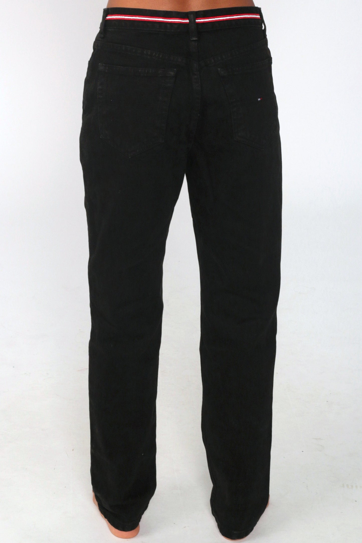 Tommy Hilfiger 90s Black Denim Mom Jeans Red Striped Waistband Size 6