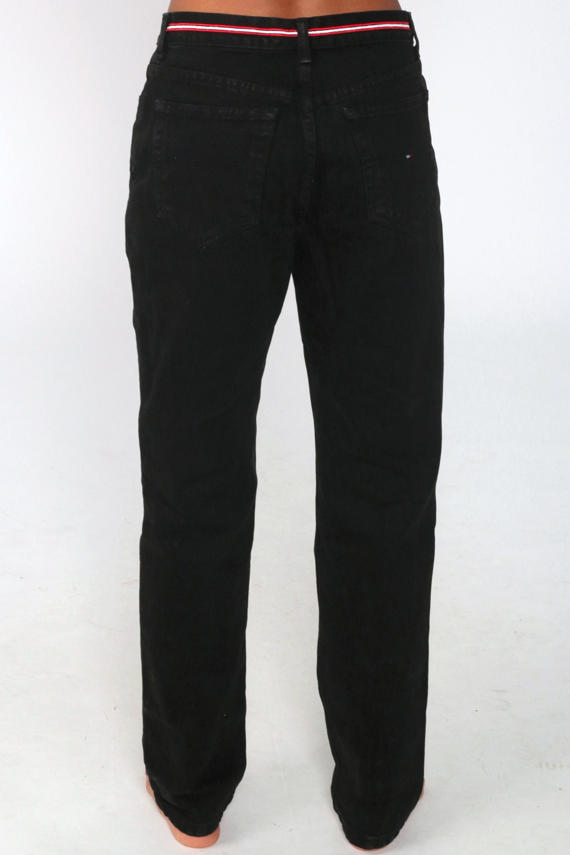 Tommy Hilfiger 90s Black Denim Mom Jeans Red Striped Waistband Size 6