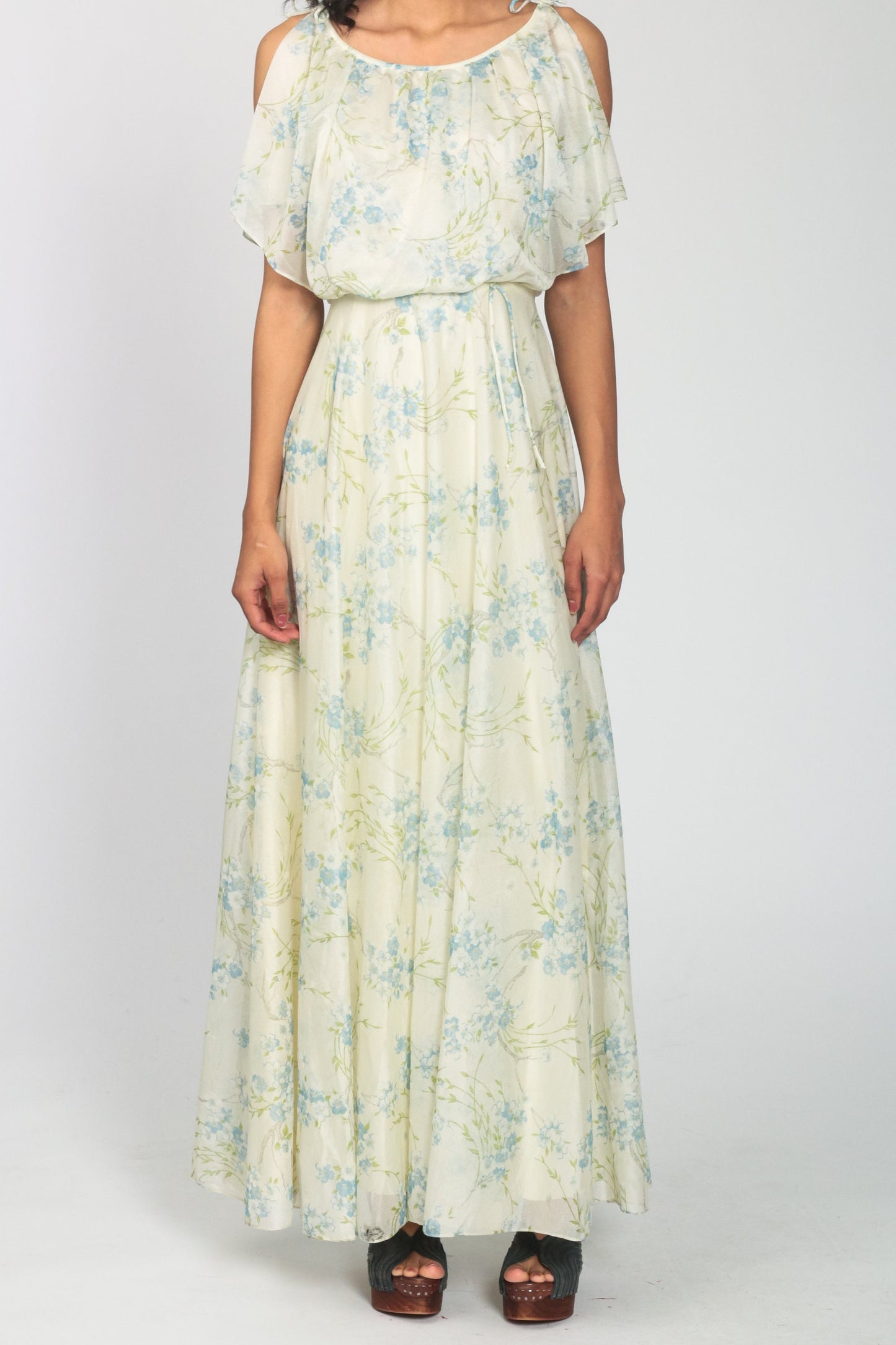 70s Cream Floral Maxi Dress Blouson Bodice Split Sleeves Extra Small