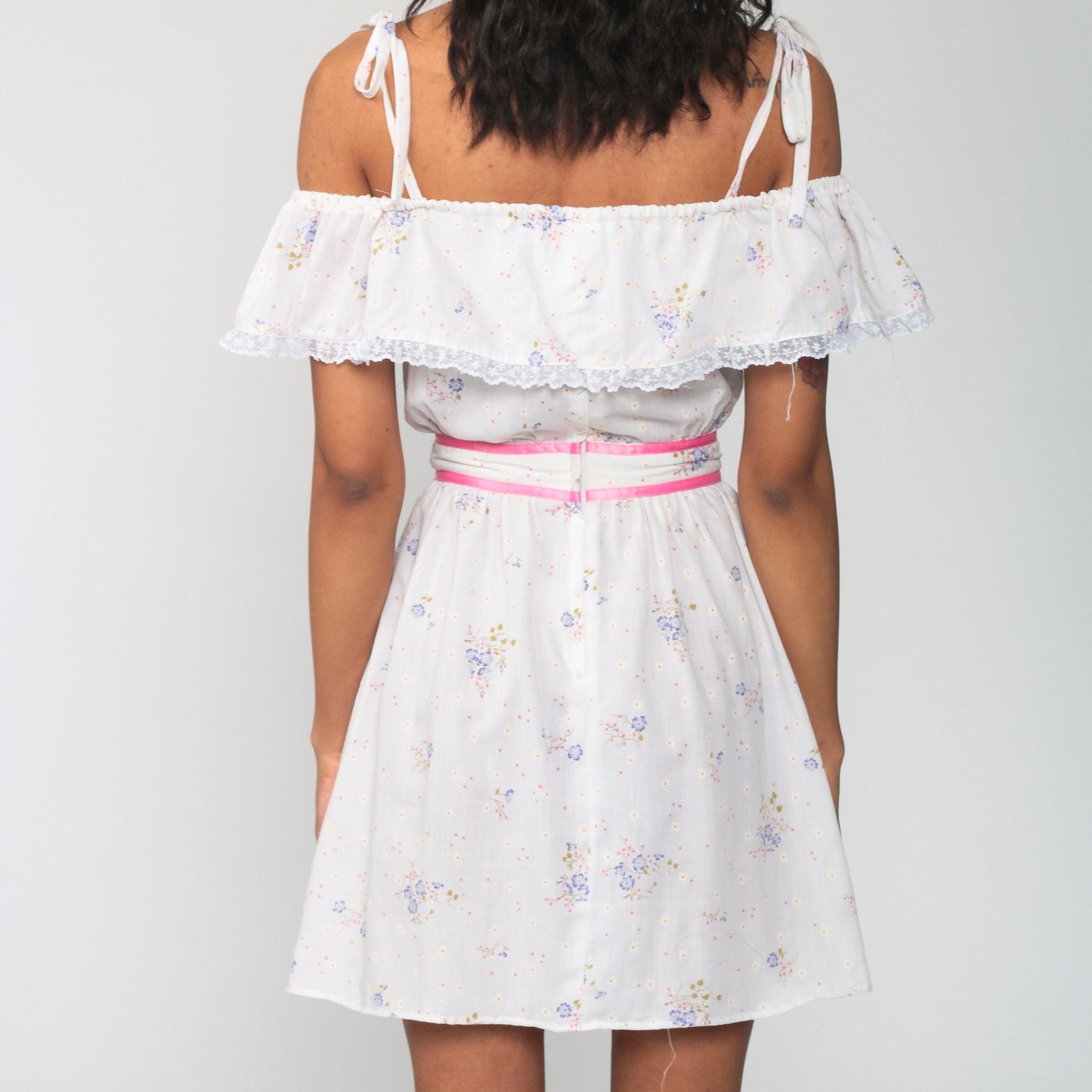 70s Floral Off-Shoulder Peasant Dress Mini Off-White Pink Trim Extra Small