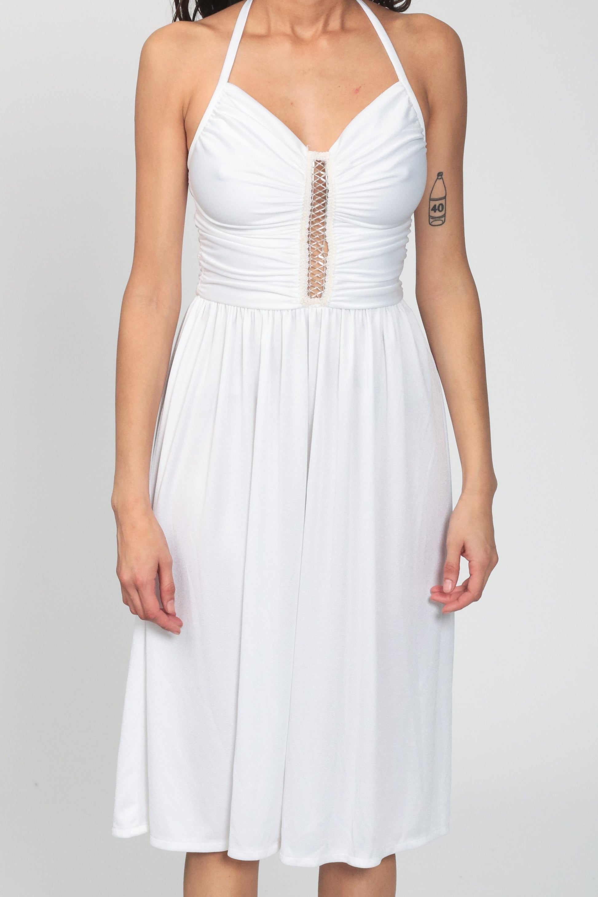 70s White Halter Midi Dress Beaded Cutout Plunging Neckline Extra Small
