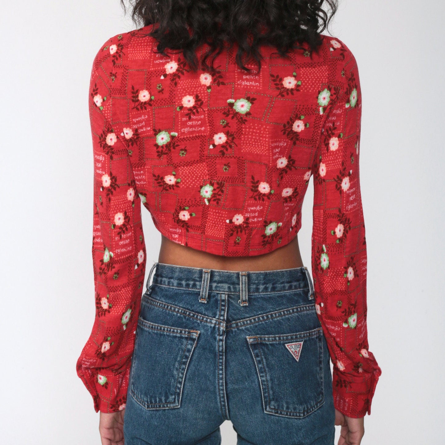 70s Red Floral Button-Up Blouse Long Sleeve Crop Top Extra Small