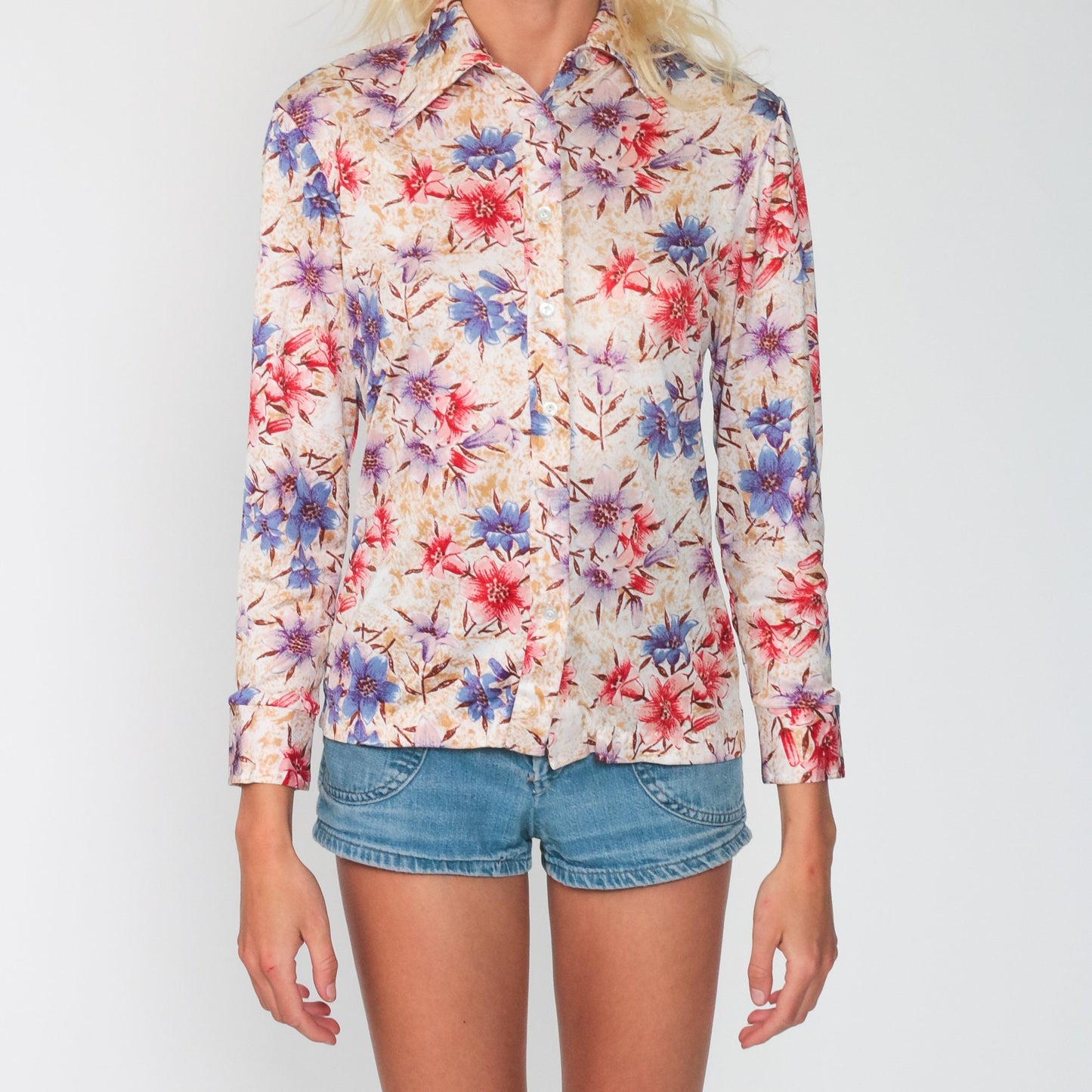 70s Floral Button Up Shirt Pointed Collar Long Sleeve Flower Print Small
