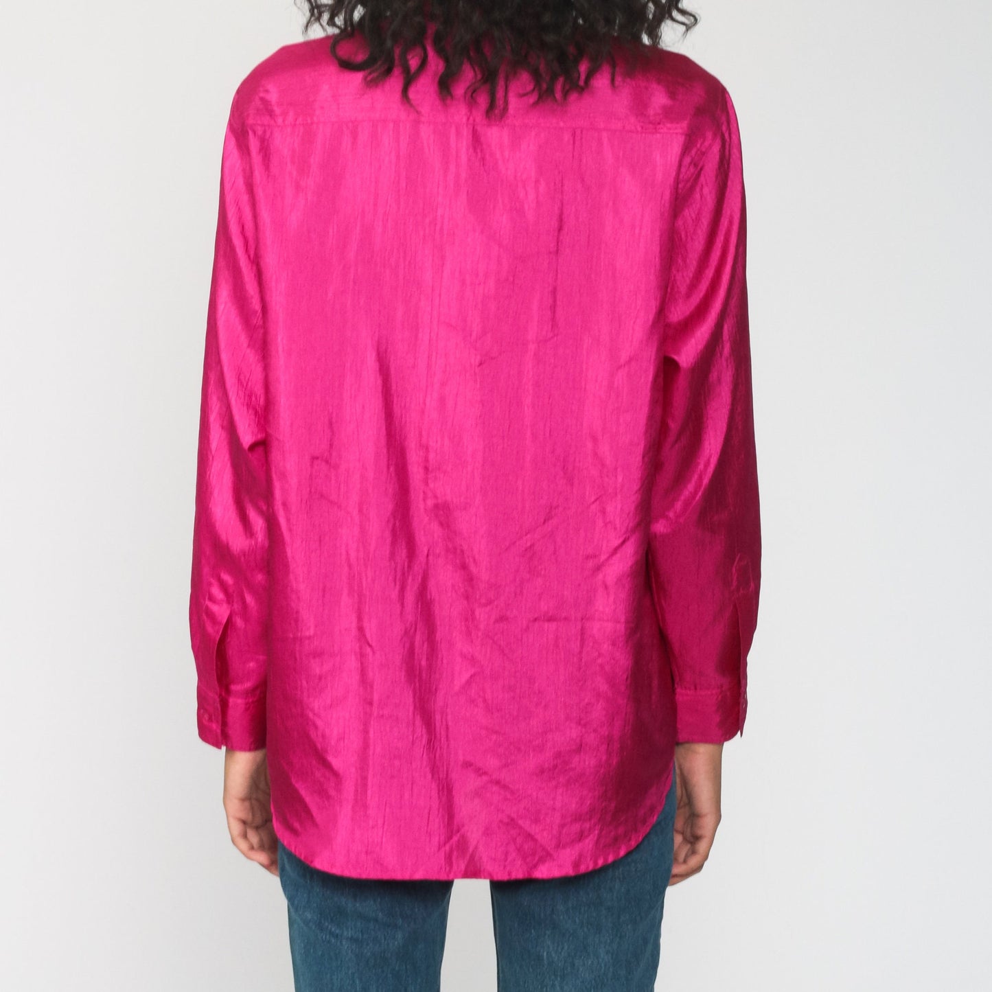 90s Shiny Pink Button-Up Blouse Long Sleeve Collared Shirt Large L