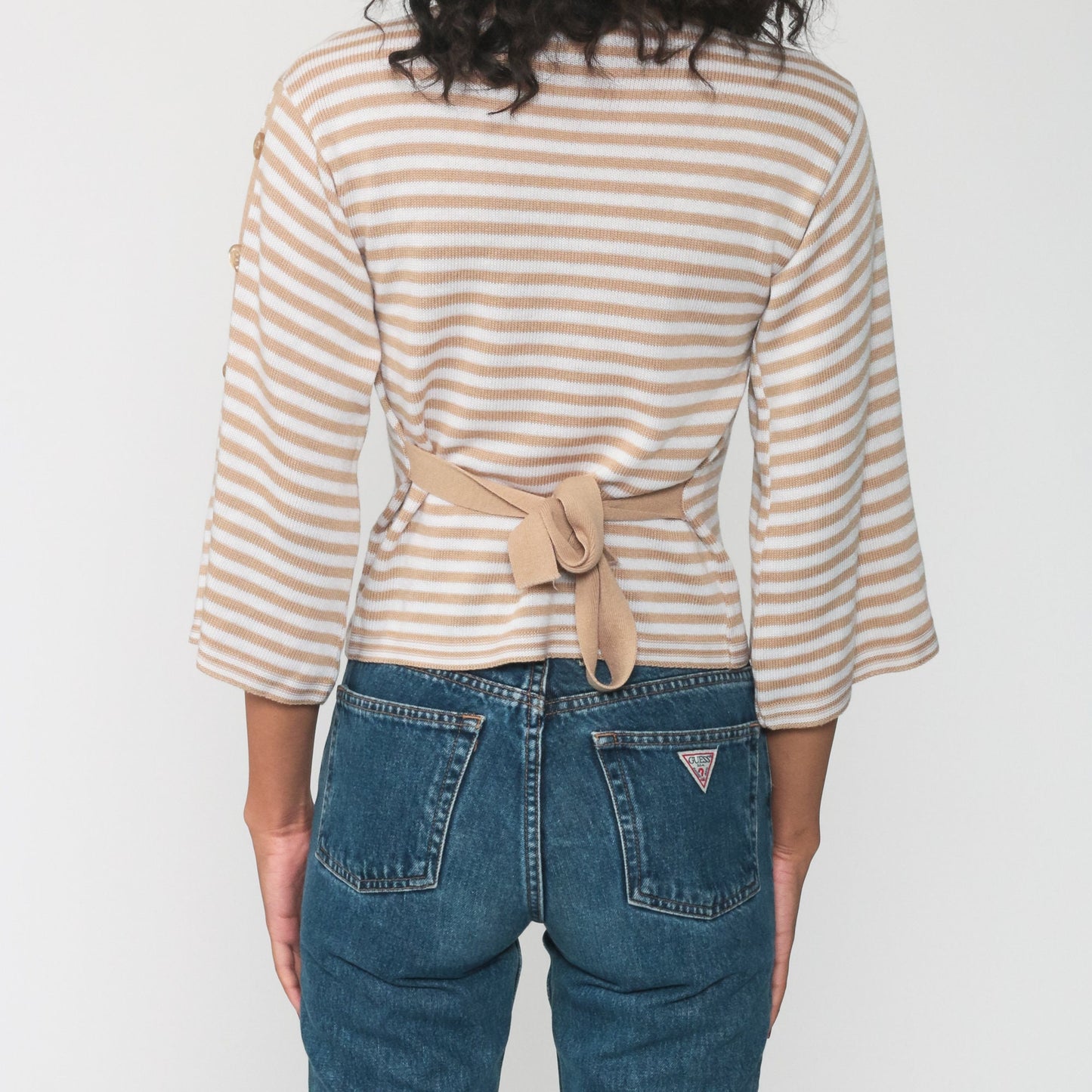 70s Tan Striped Knit Pullover Wide Sleeve Sweater Extra Small