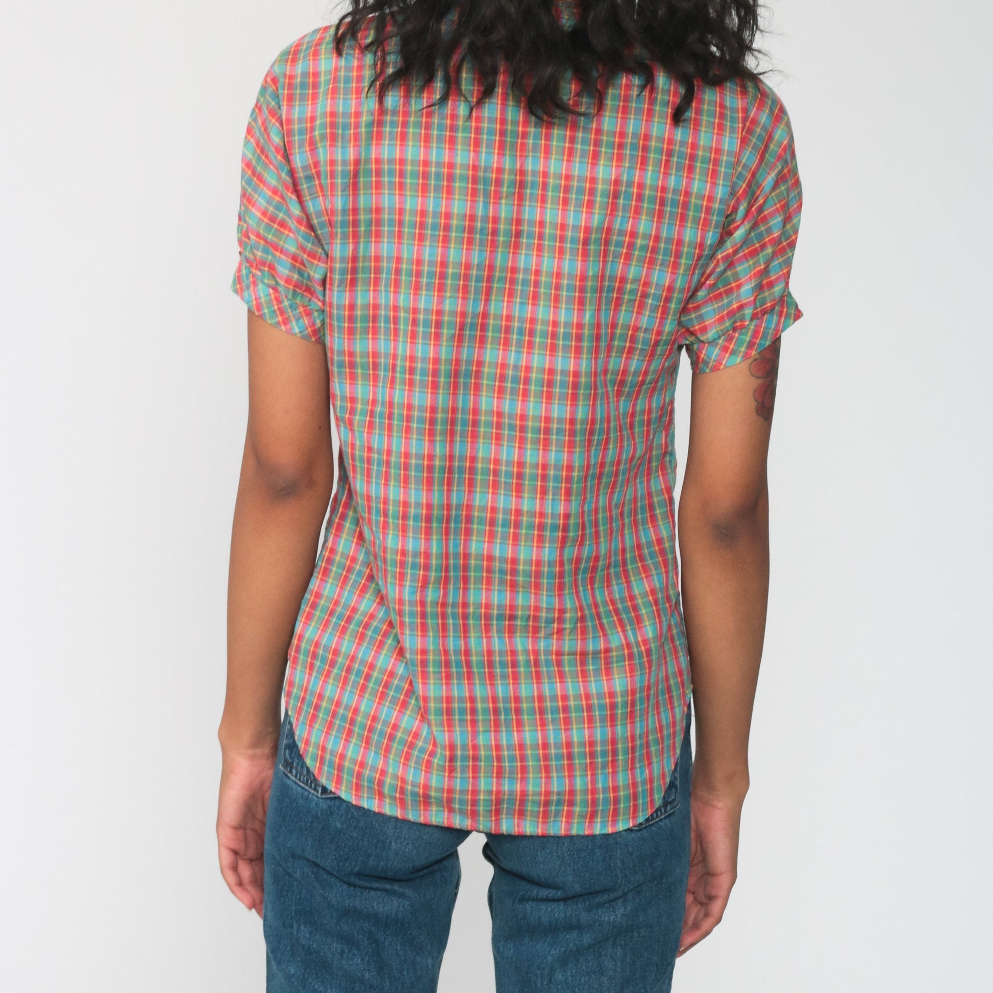 80s Plaid Cotton Button-Up Blouse Red Green Puff Sleeve Extra Small