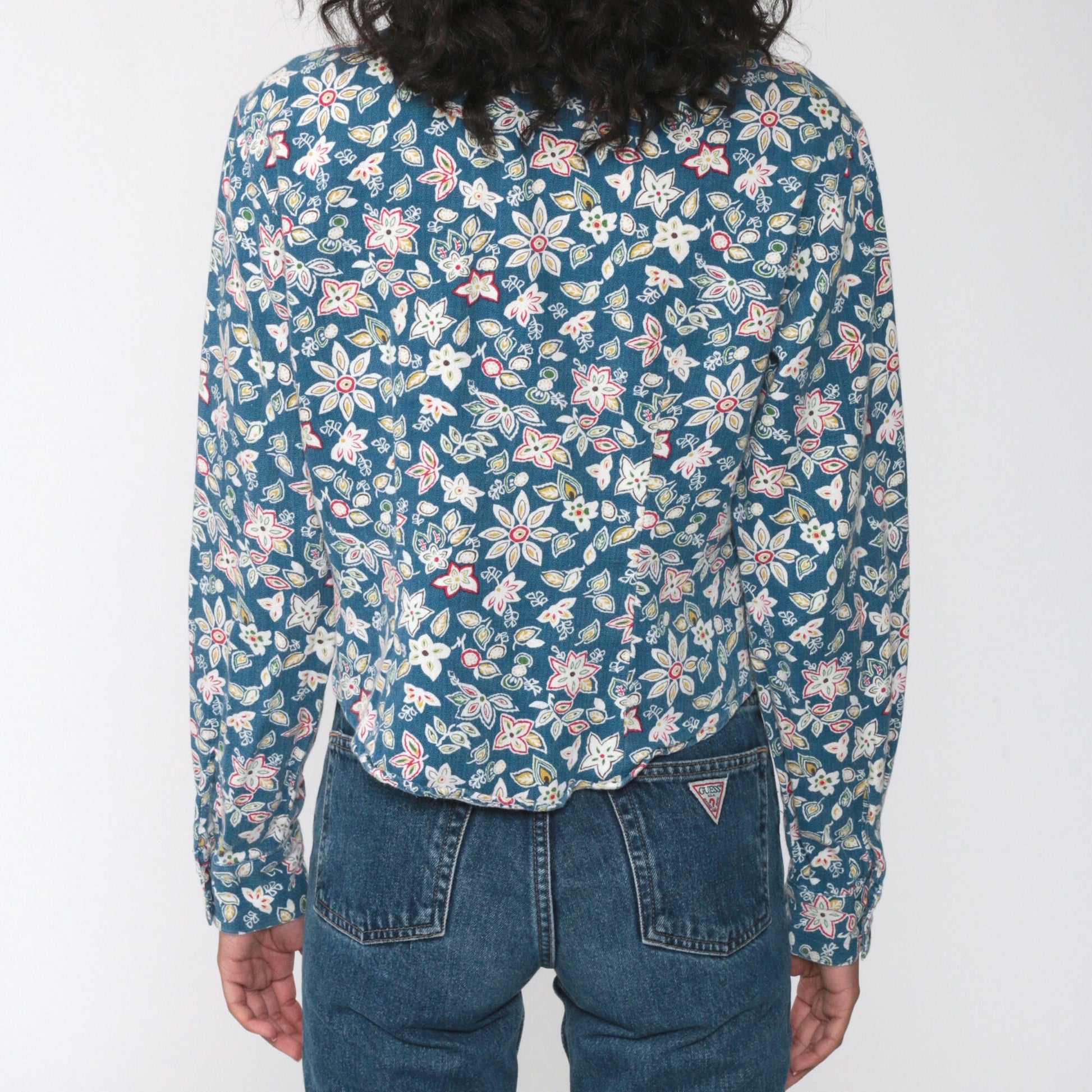 Guess 90s Floral Button-Up Blouse Blue Long Sleeve Medium