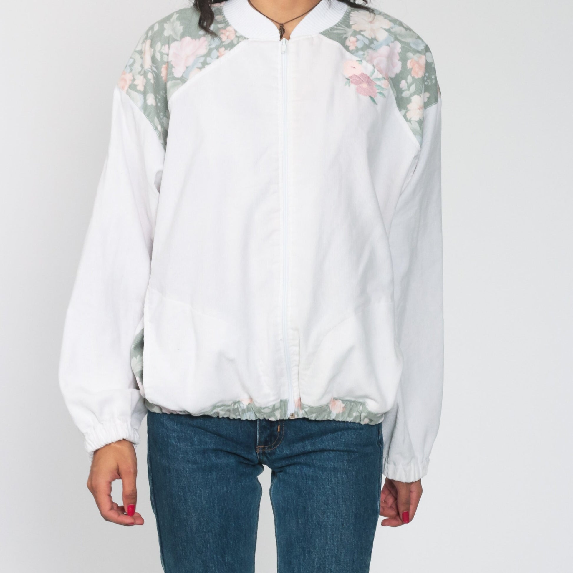 80s Floral Embroidered Bomber Jacket White Windbreaker Zip-Up Medium