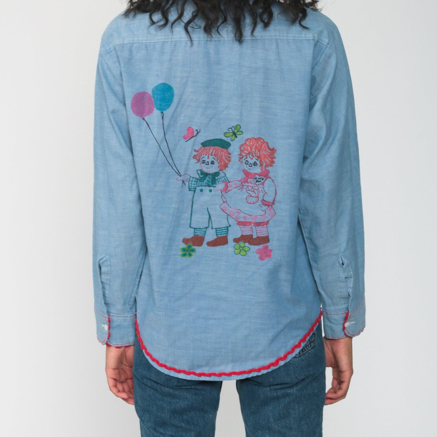 70s Raggedy Ann Andy Chambray Western Shirt Blue Graphic Button Up Medium