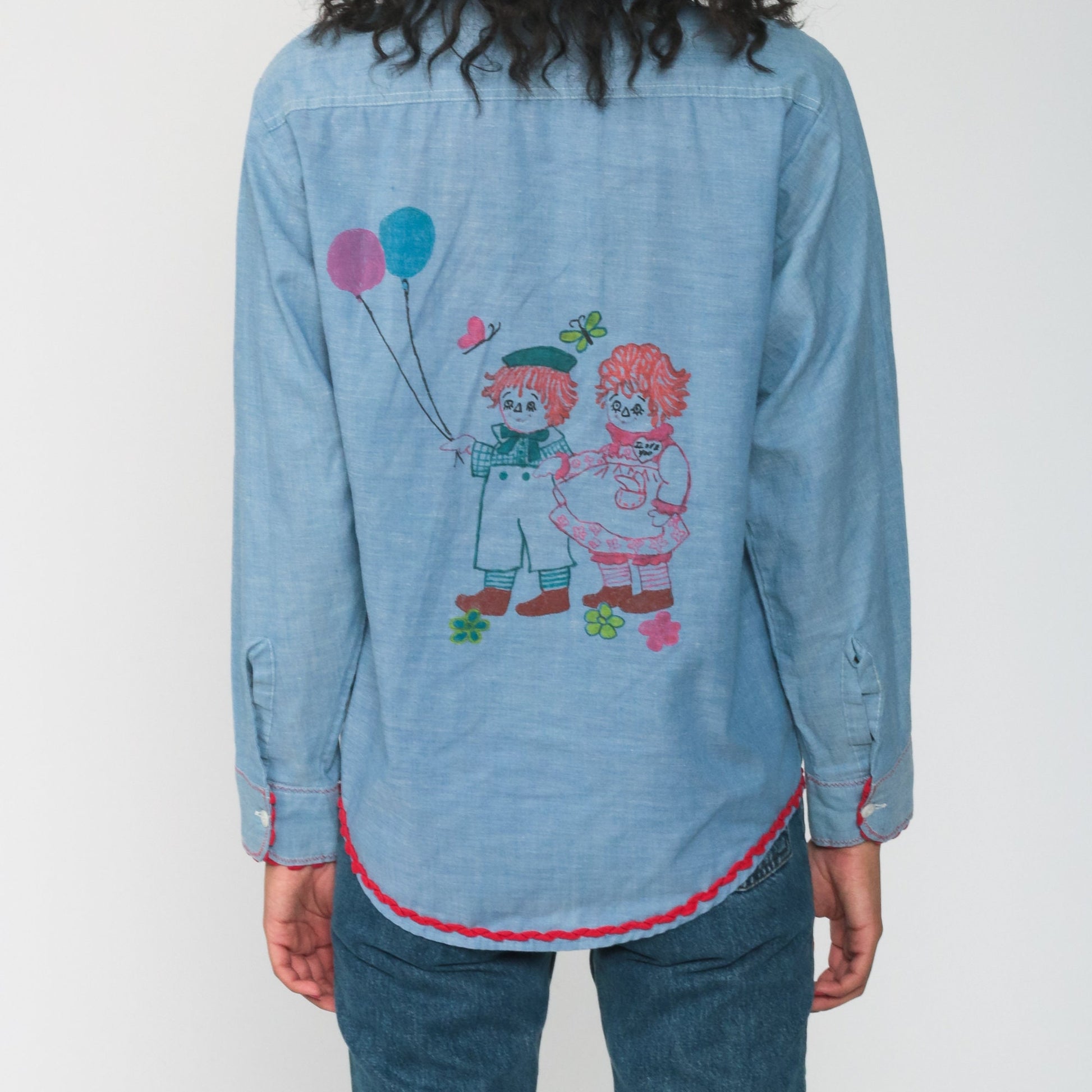 70s Raggedy Ann Andy Chambray Western Shirt Blue Graphic Button Up Medium
