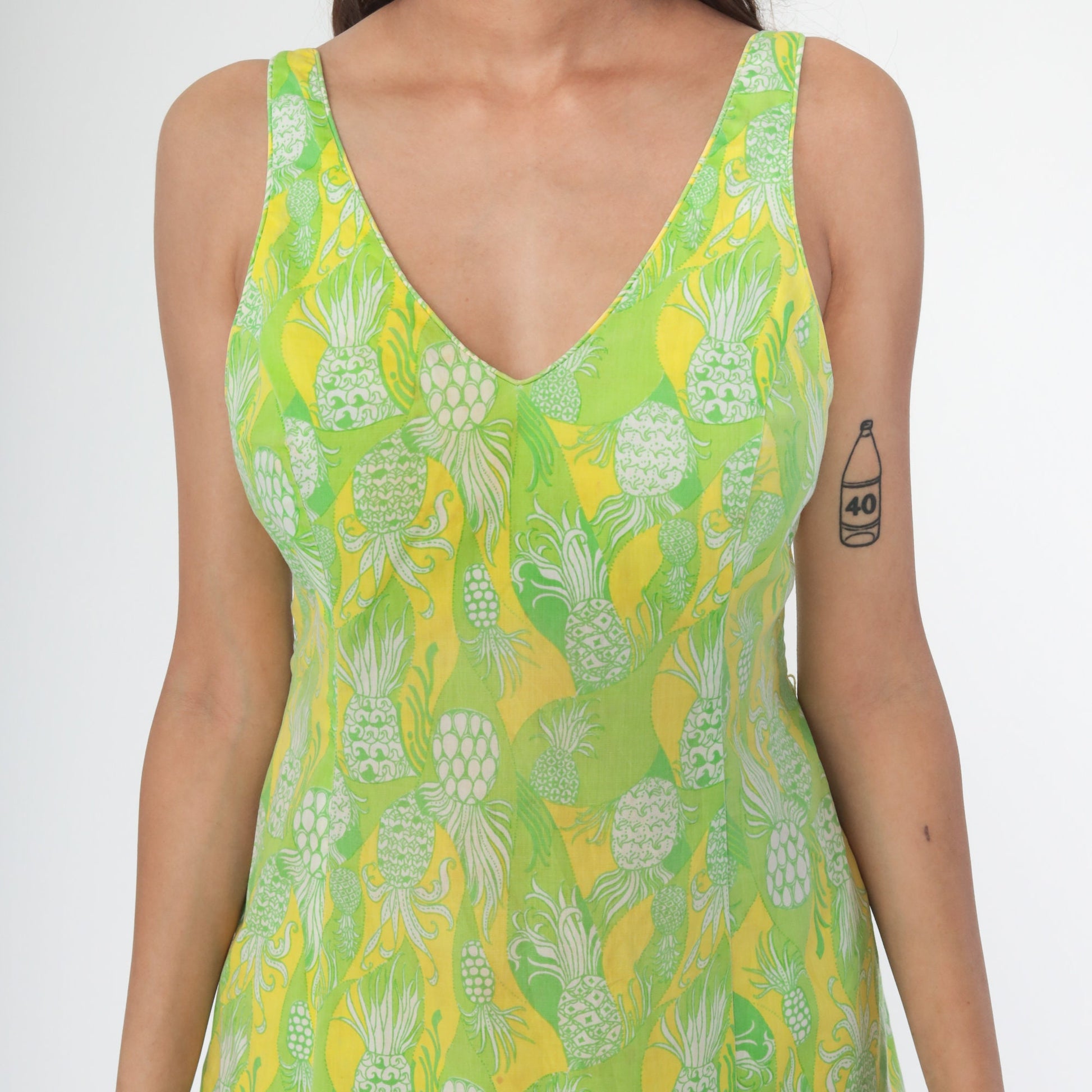 1970s Pineapple Print Mini Dress Green Tank Smocked V-Neck Small Medium