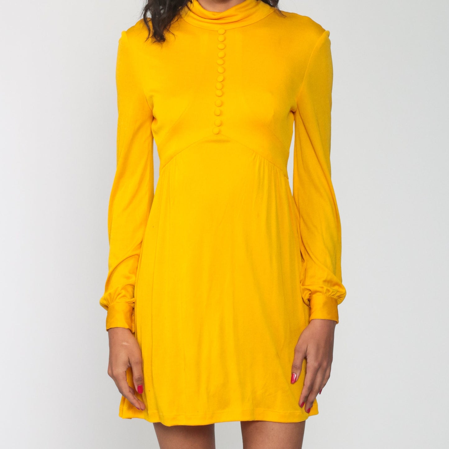 70s Yellow Babydoll Mini Dress Empire Waist Funnel Neck Long Sleeve Extra Small