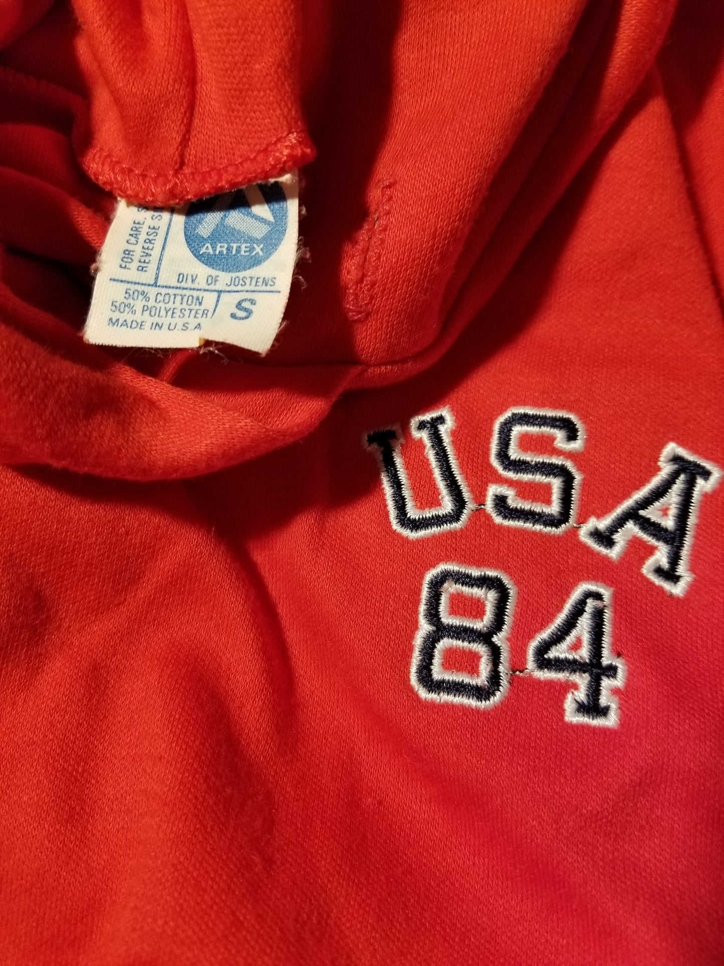 1984 USA Olympics Hooded T-Shirt Kangaroo Pocket Red Small