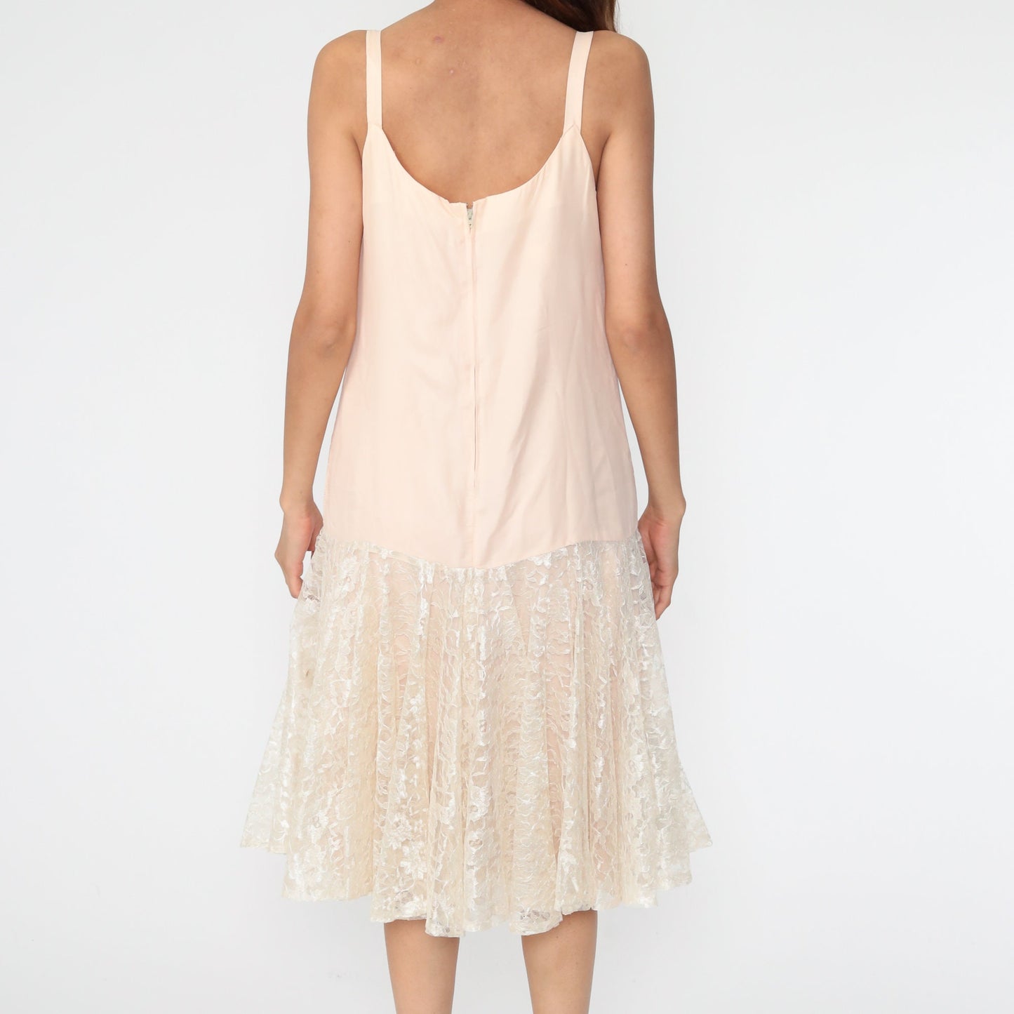 80s Peach Lace Drop Waist Midi Slip Dress Sleeveless Party Medium 8