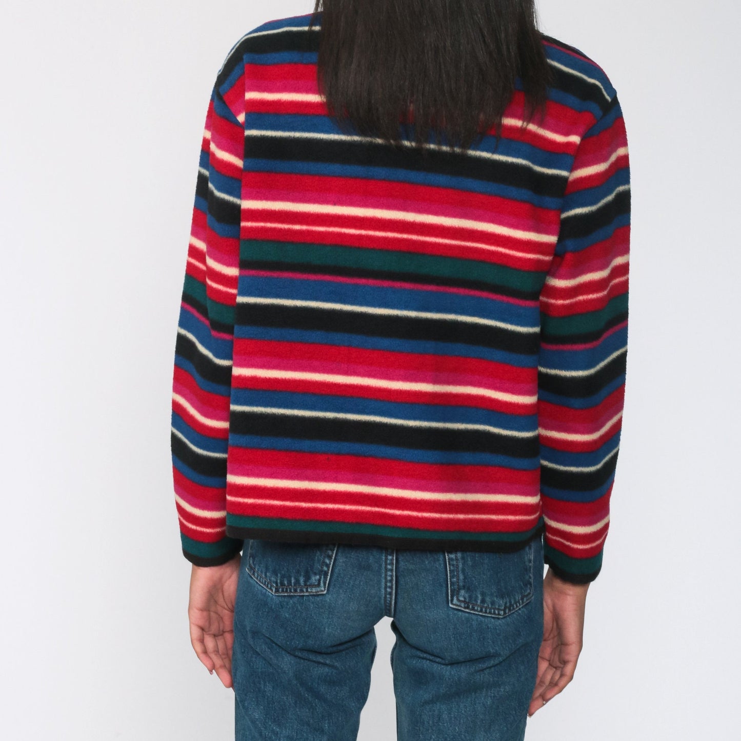 90s Striped Fleece Button-Up Jacket Red Blue Cropped Medium M