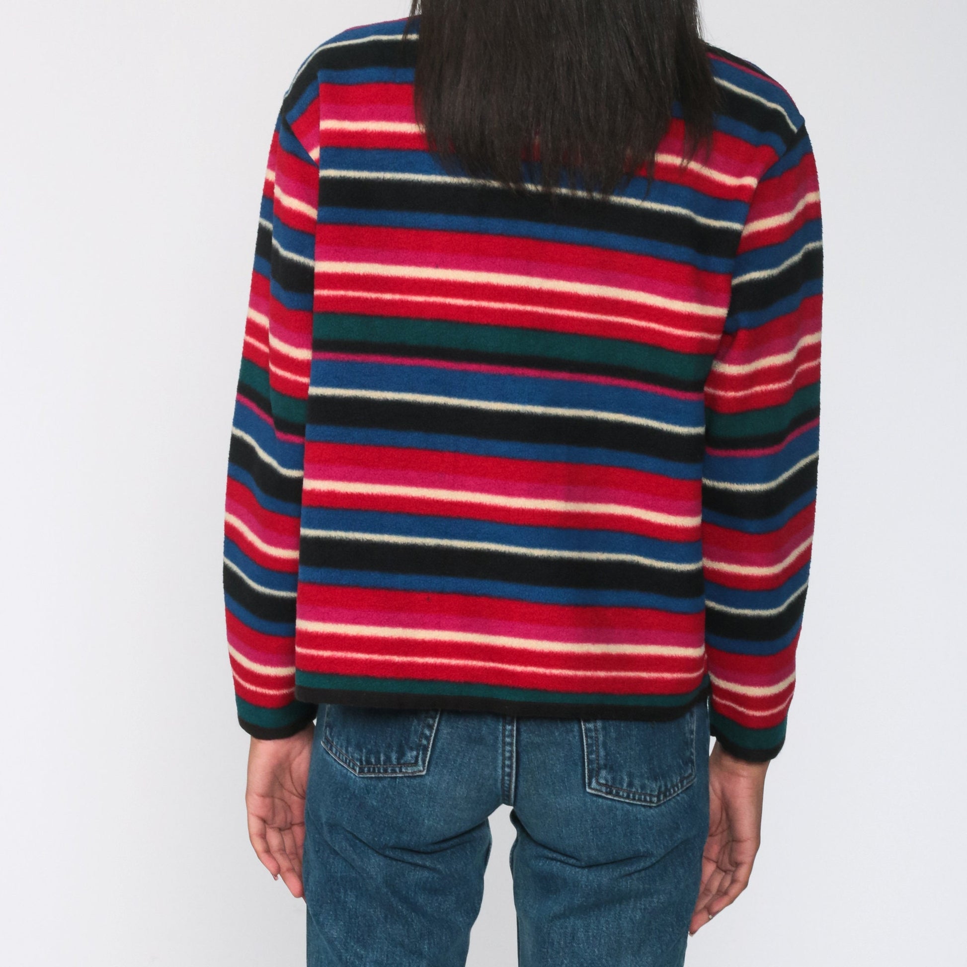 90s Striped Fleece Button-Up Jacket Red Blue Cropped Medium M