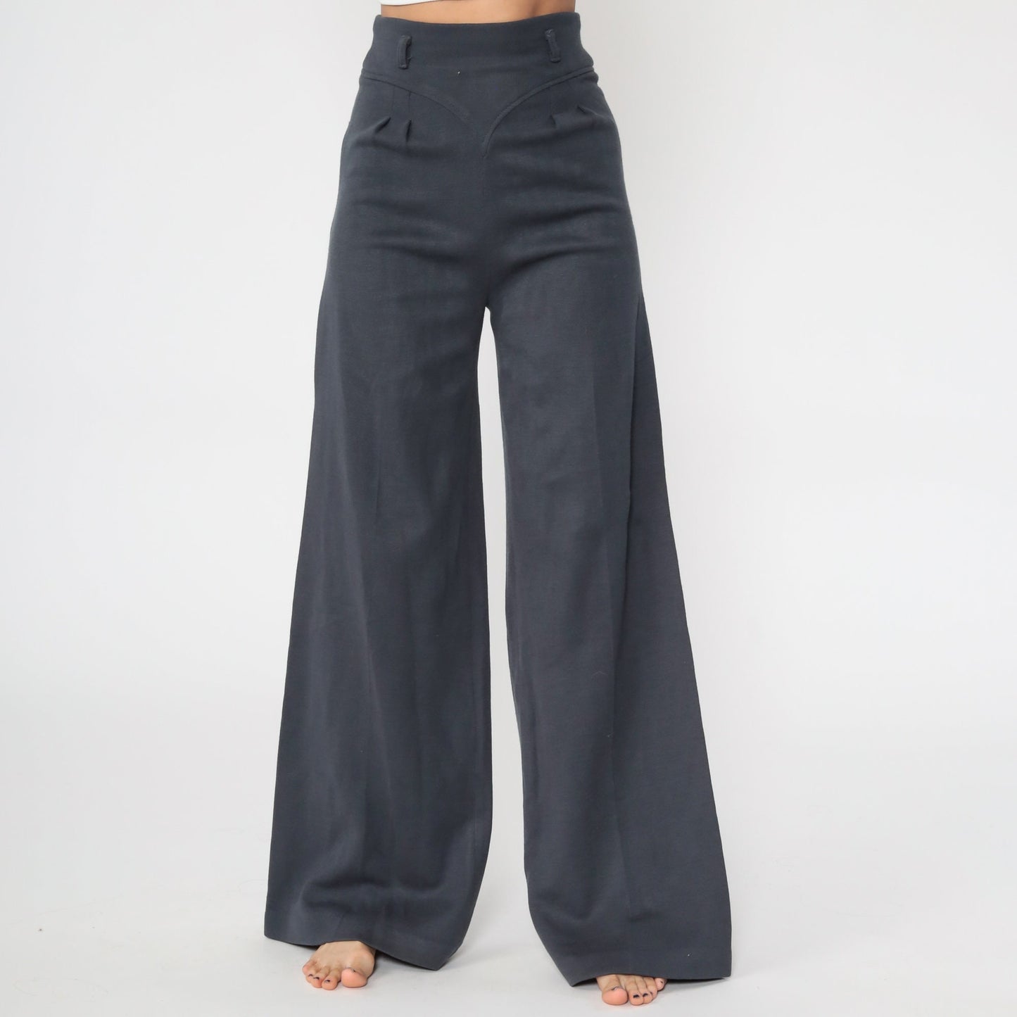 70s Grey Bell Bottom Pants High Waist Wide Leg Knit Trousers Extra Small XS