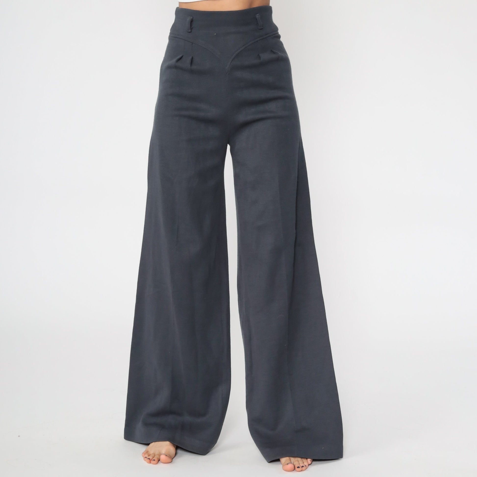 70s Grey Bell Bottom Pants High Waist Wide Leg Knit Trousers Extra Small XS