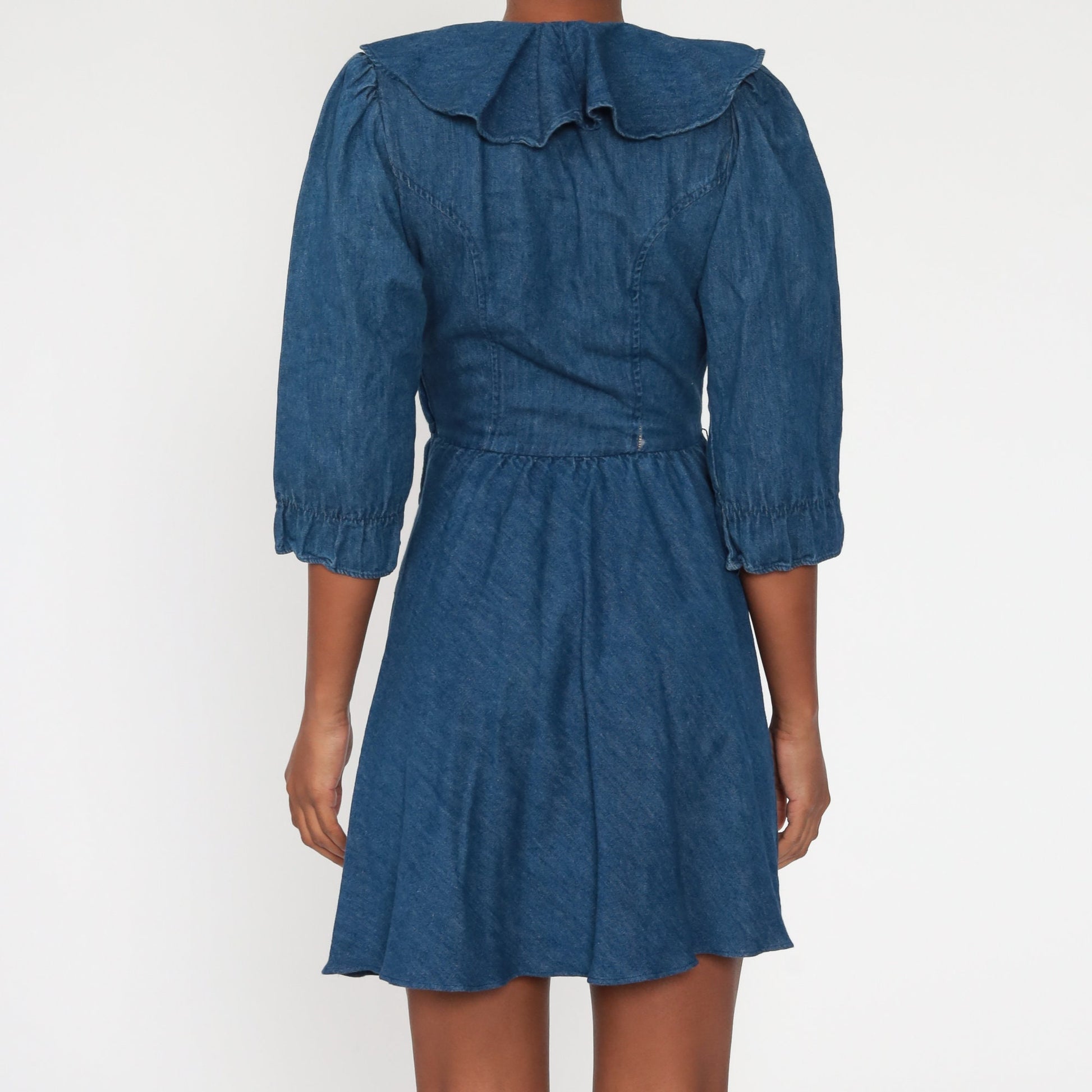 70s Denim Mini Dress Puff Sleeve V Neck High Waisted Blue Chambray Extra Small