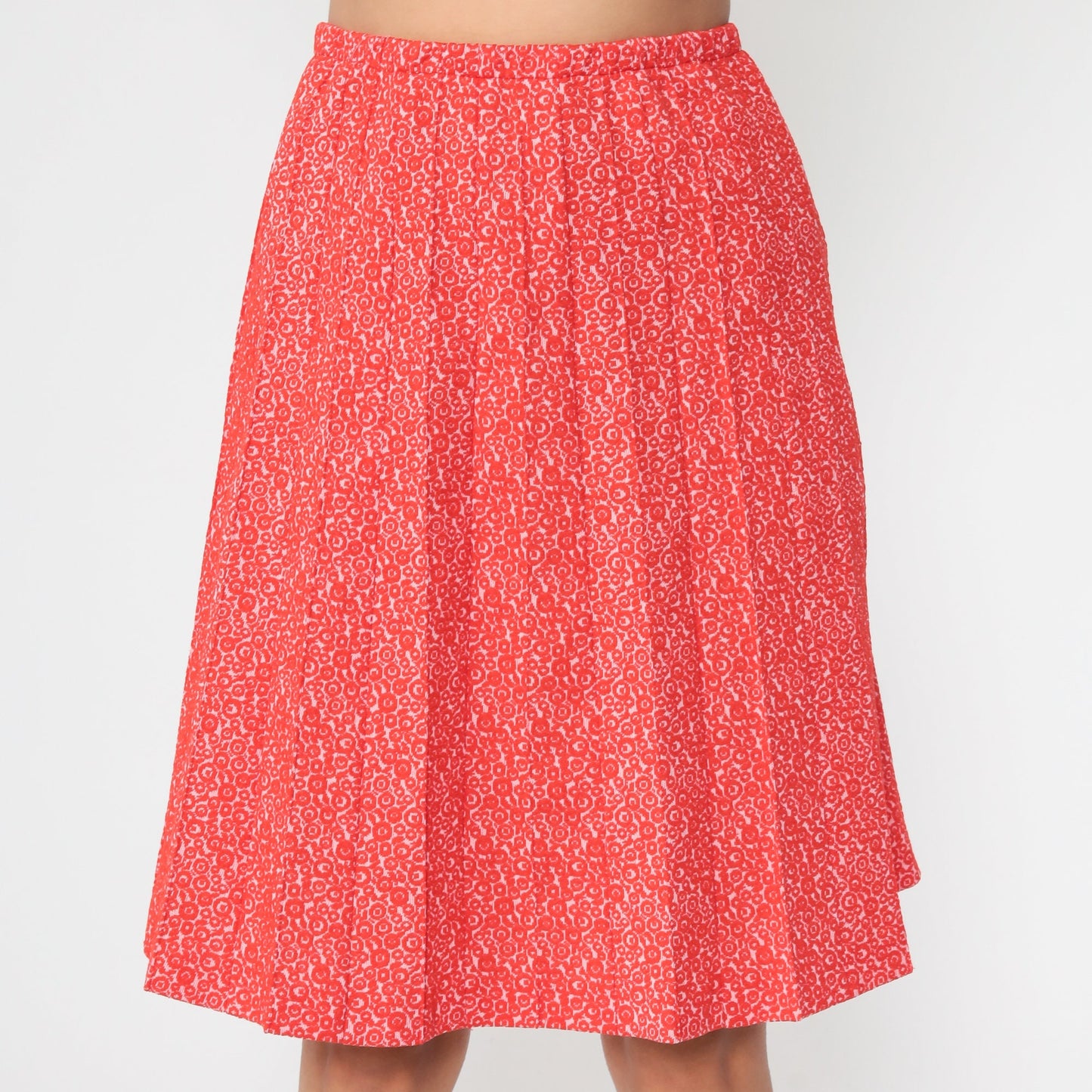 70s Red Geometric Print High-Waist Pleated Skirt Knee-Length Small