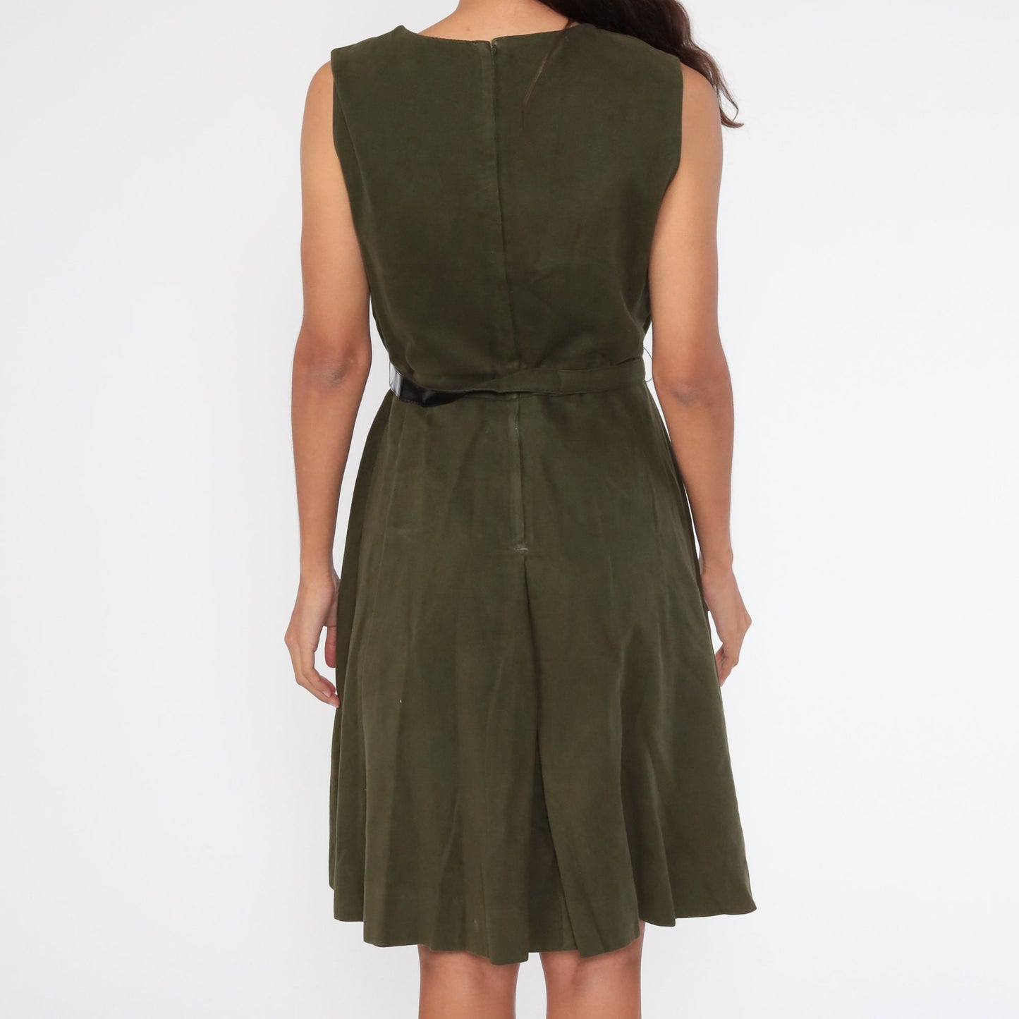 60s Mod Mini Dress Olive Green Faux Suede High Waist Sleeveless Small
