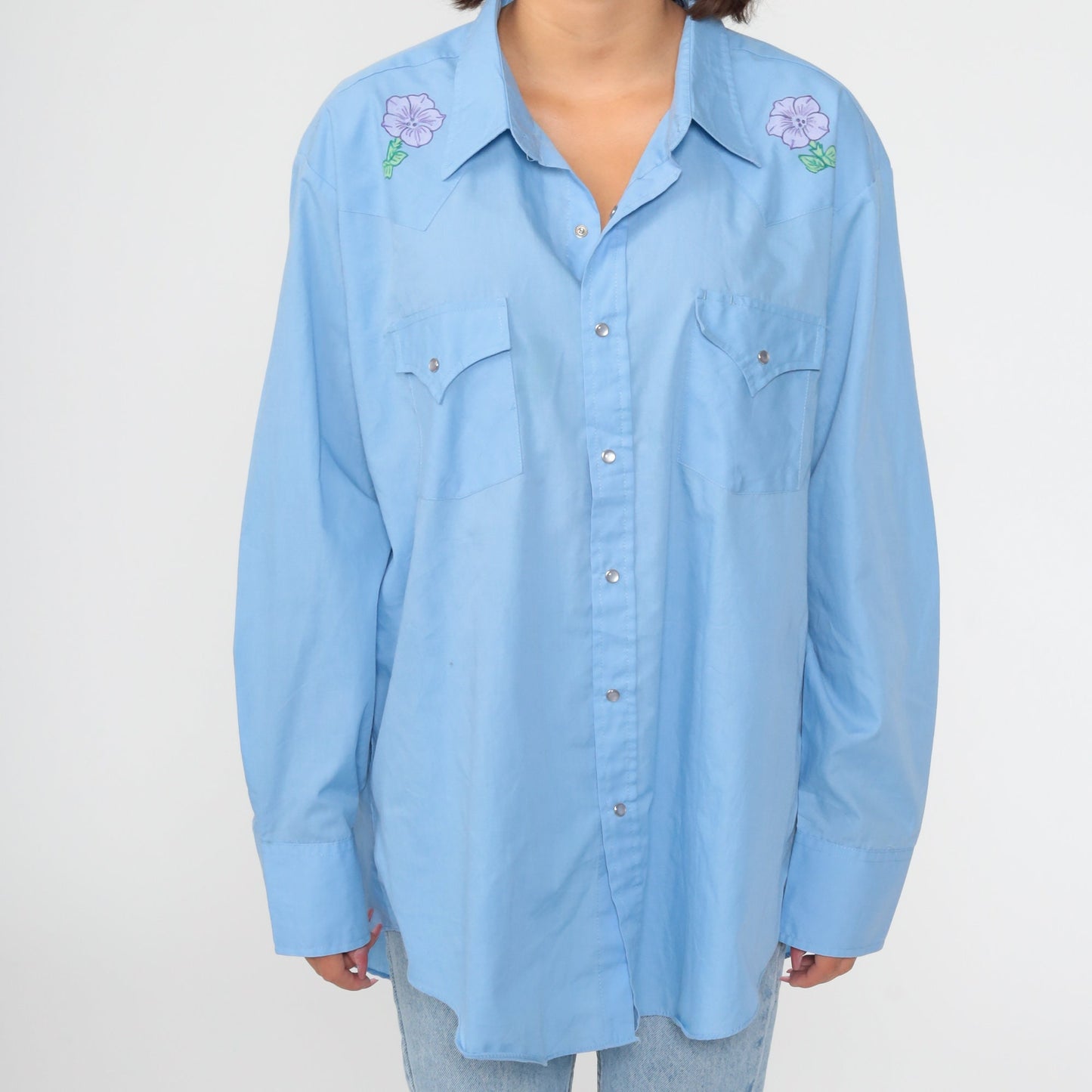 70s Western Pearl Snap Shirt Blue Deer Floral Hand Drawn Cotton Large