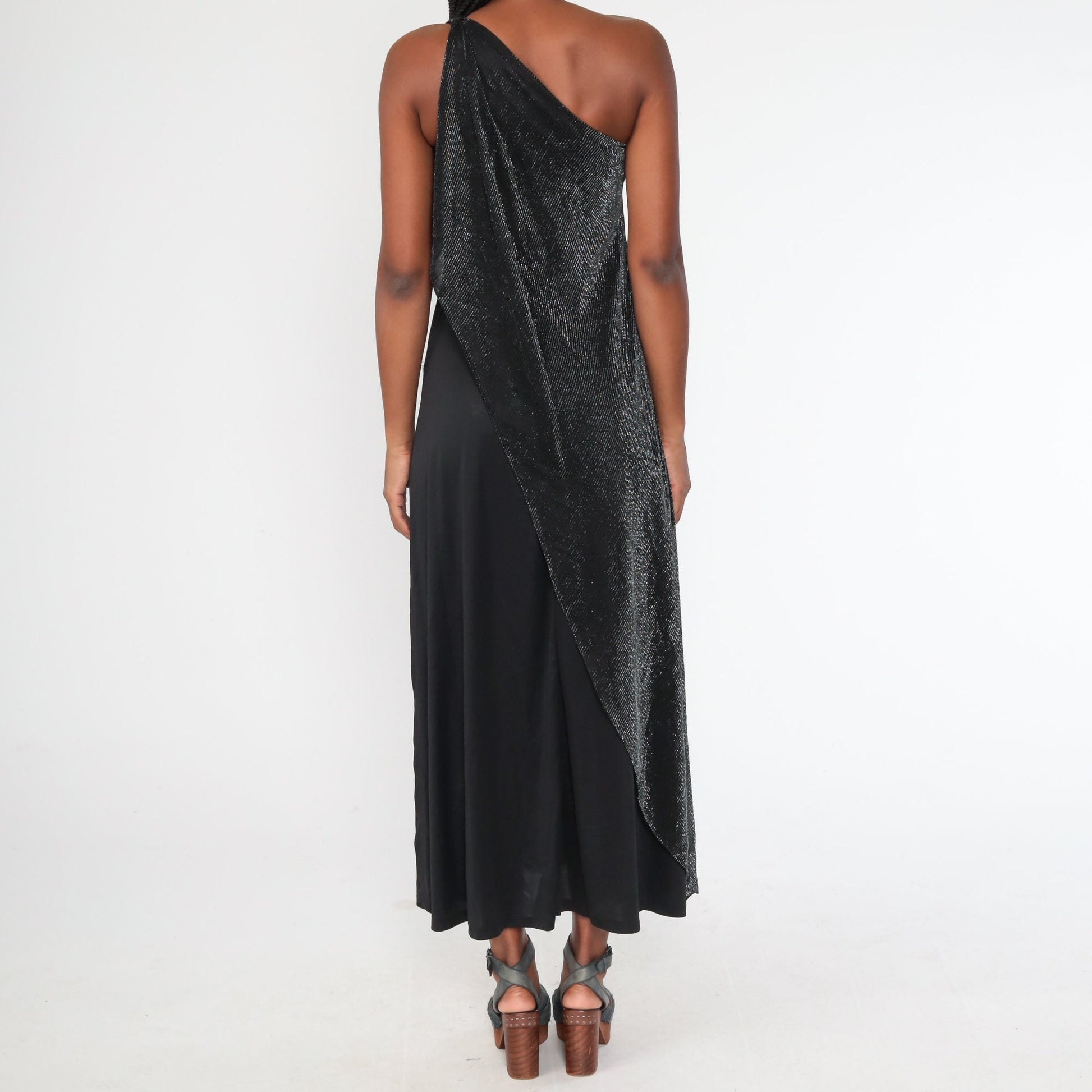 90s Black Metallic One-Shoulder Maxi Dress Draped Glitter Panel Extra Small