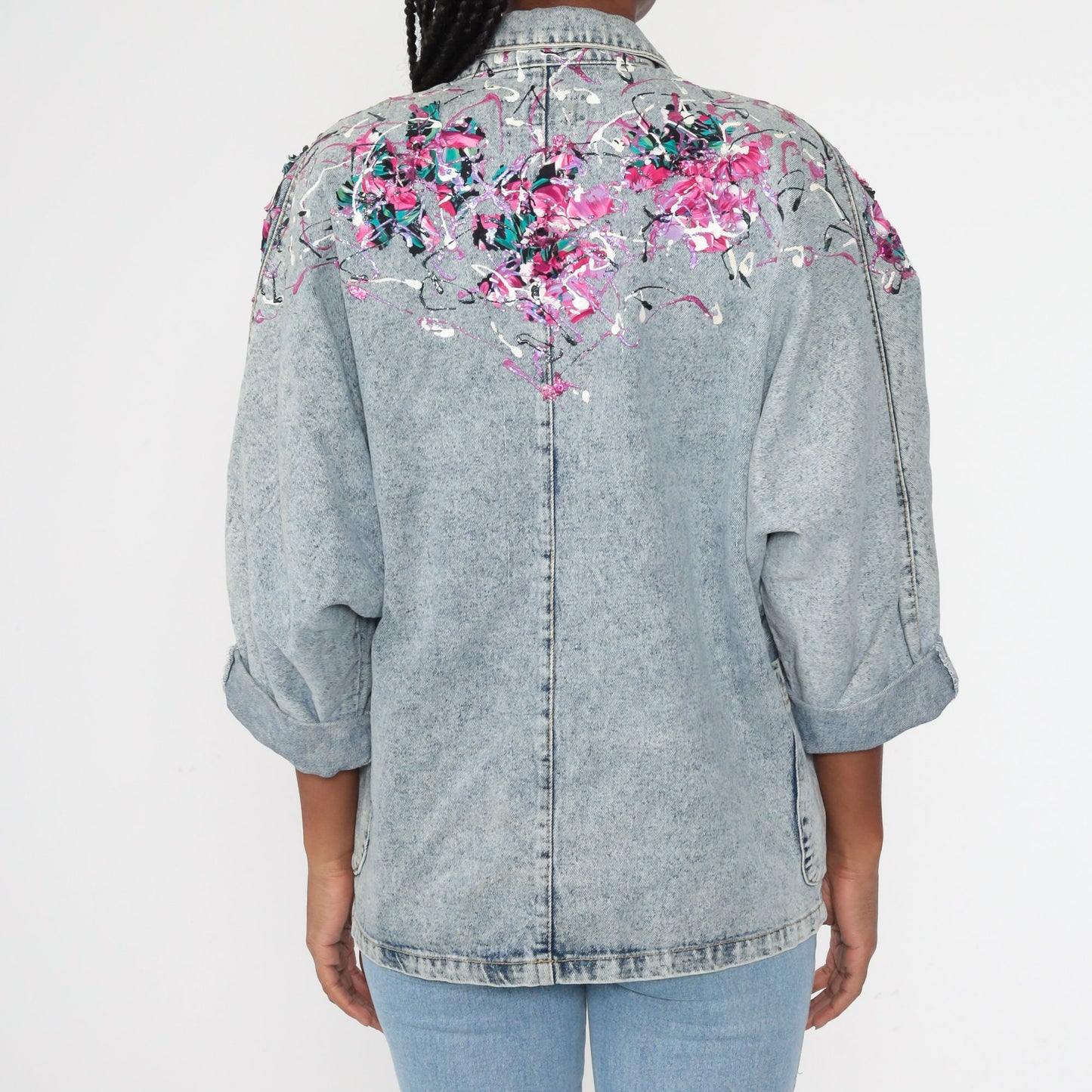 80s Acid Wash Denim Jacket Paint Splatter Glitter Blue Small