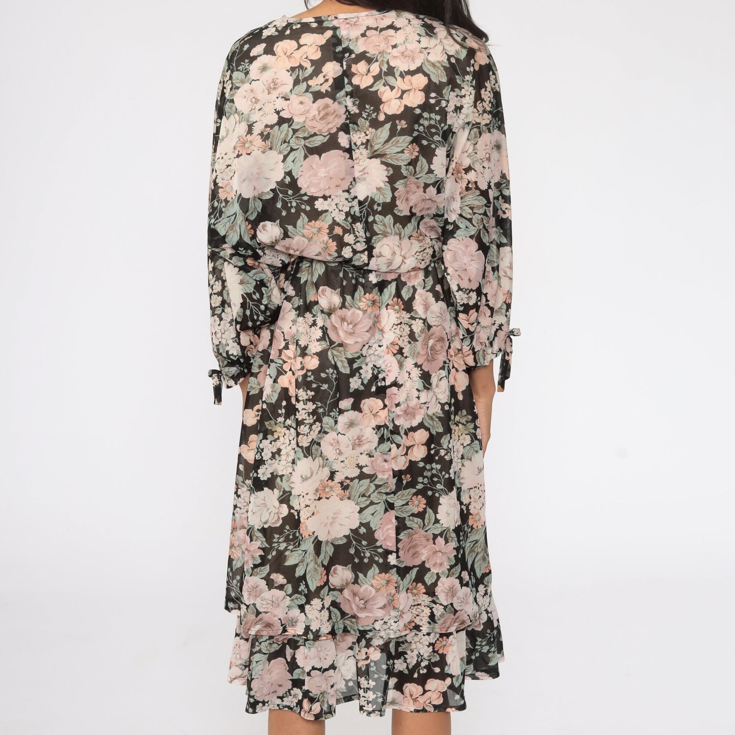 70s Black Floral Midi Dress Long Sleeve High Waist Semi-Sheer Large