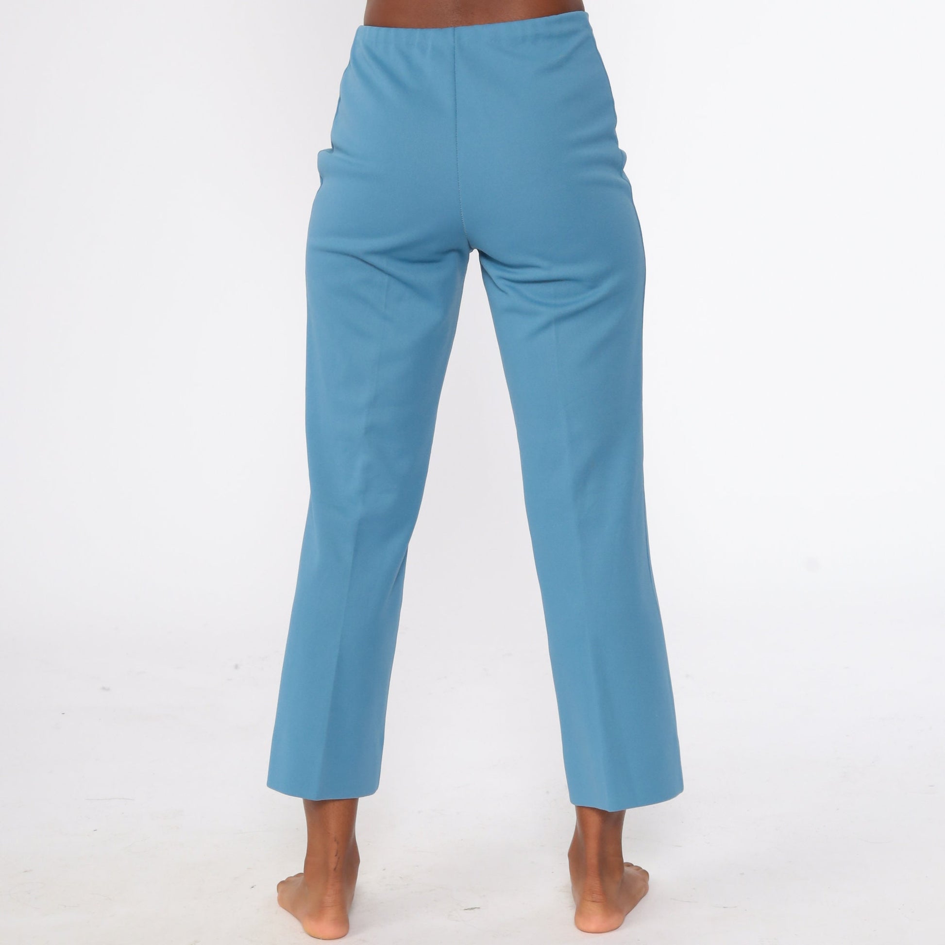 70s Blue Polyester High-Waist Bell Bottom Trousers Extra Small