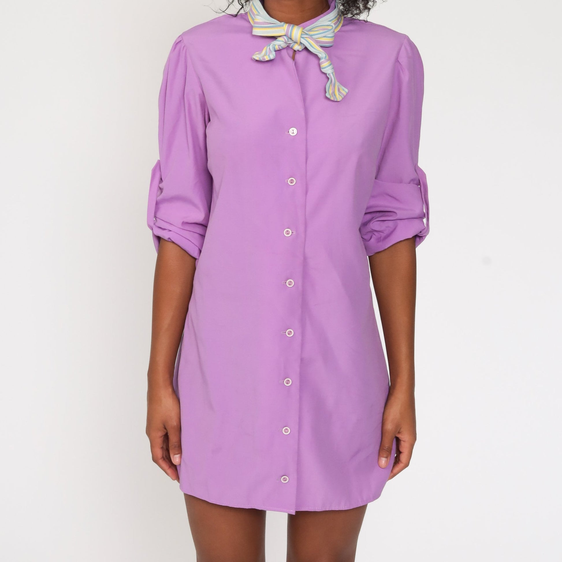70s Purple Ascot Shift Mini Dress Long Sleeve Button Up Small Medium