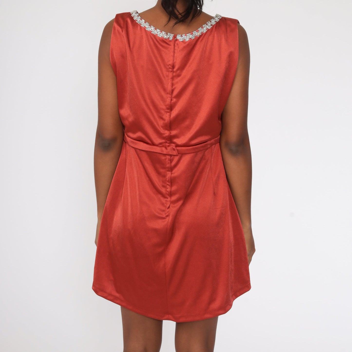 70s Rust Red Metallic Trim Empire Waist Mini Dress Sleeveless Large