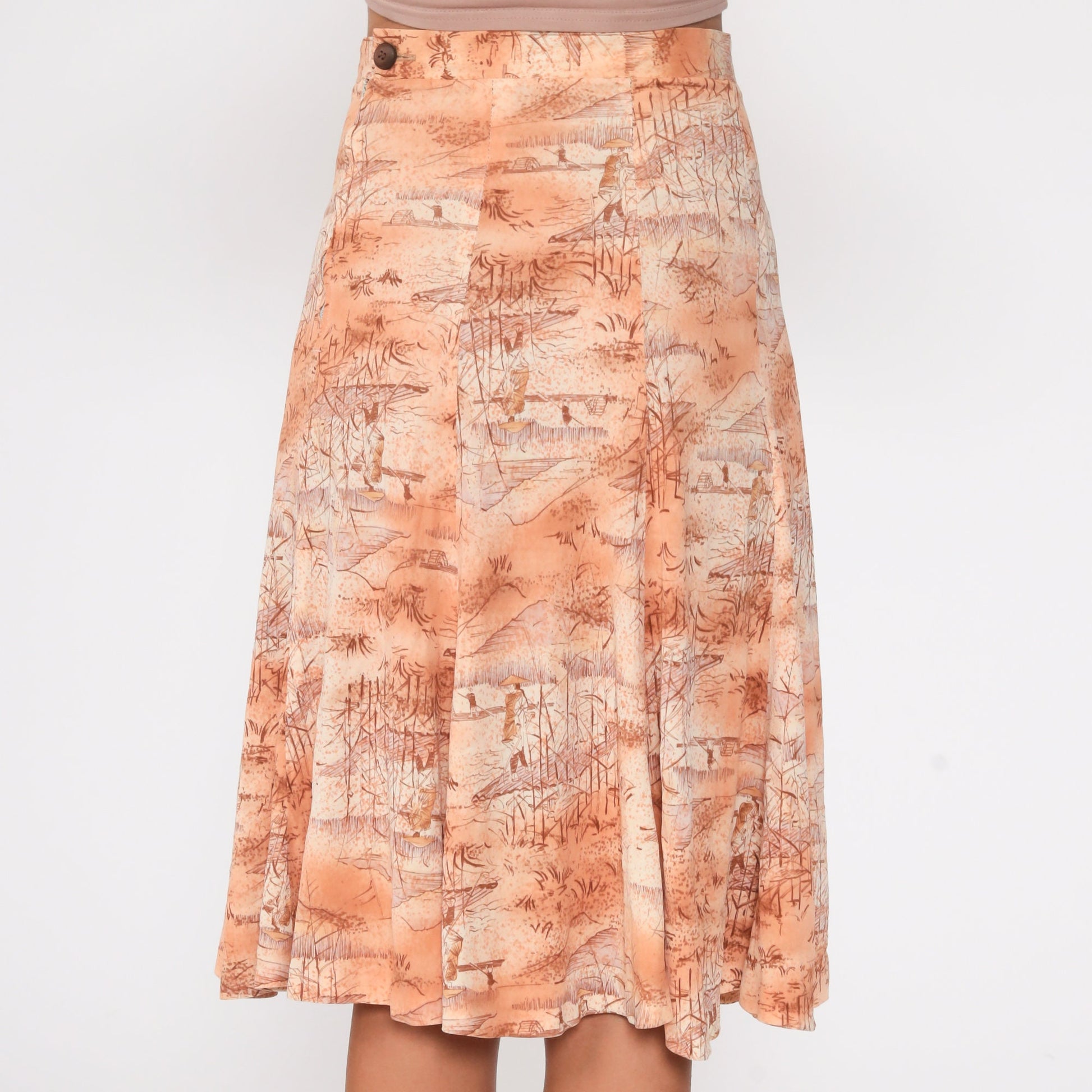 70s Asian Print Midi Skirt High Waist Orange Novelty Vintage Extra Small