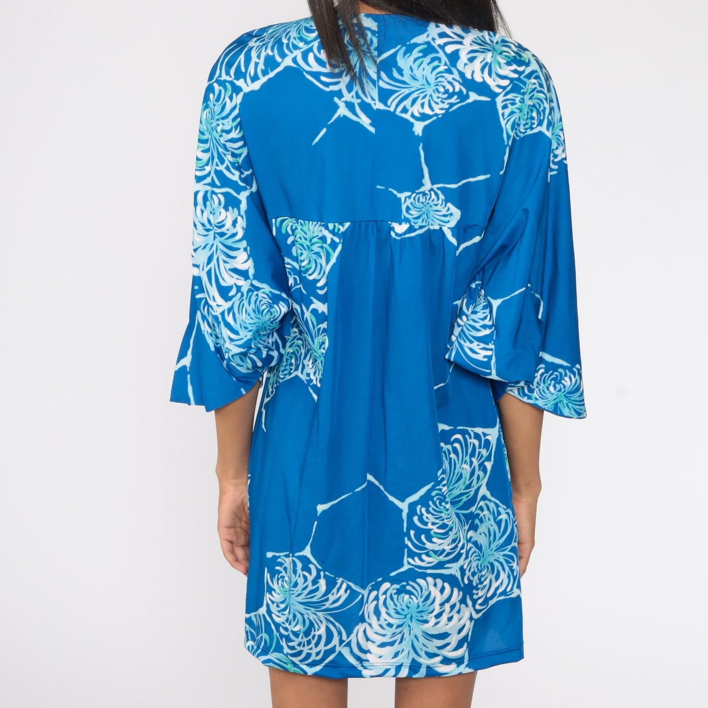 70s Liberty House Floral Shift Dress Blue Dolman Sleeve Mini Medium