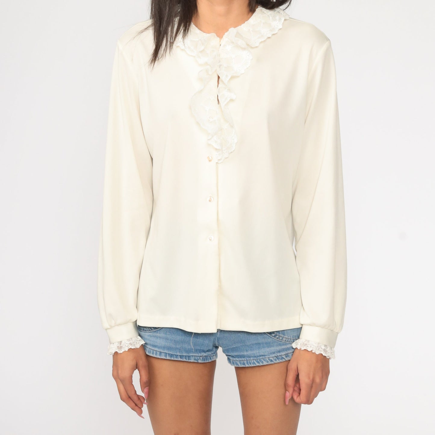70s Cream Lace Ruffle Blouse High Collar Long Sleeve Button Up Large