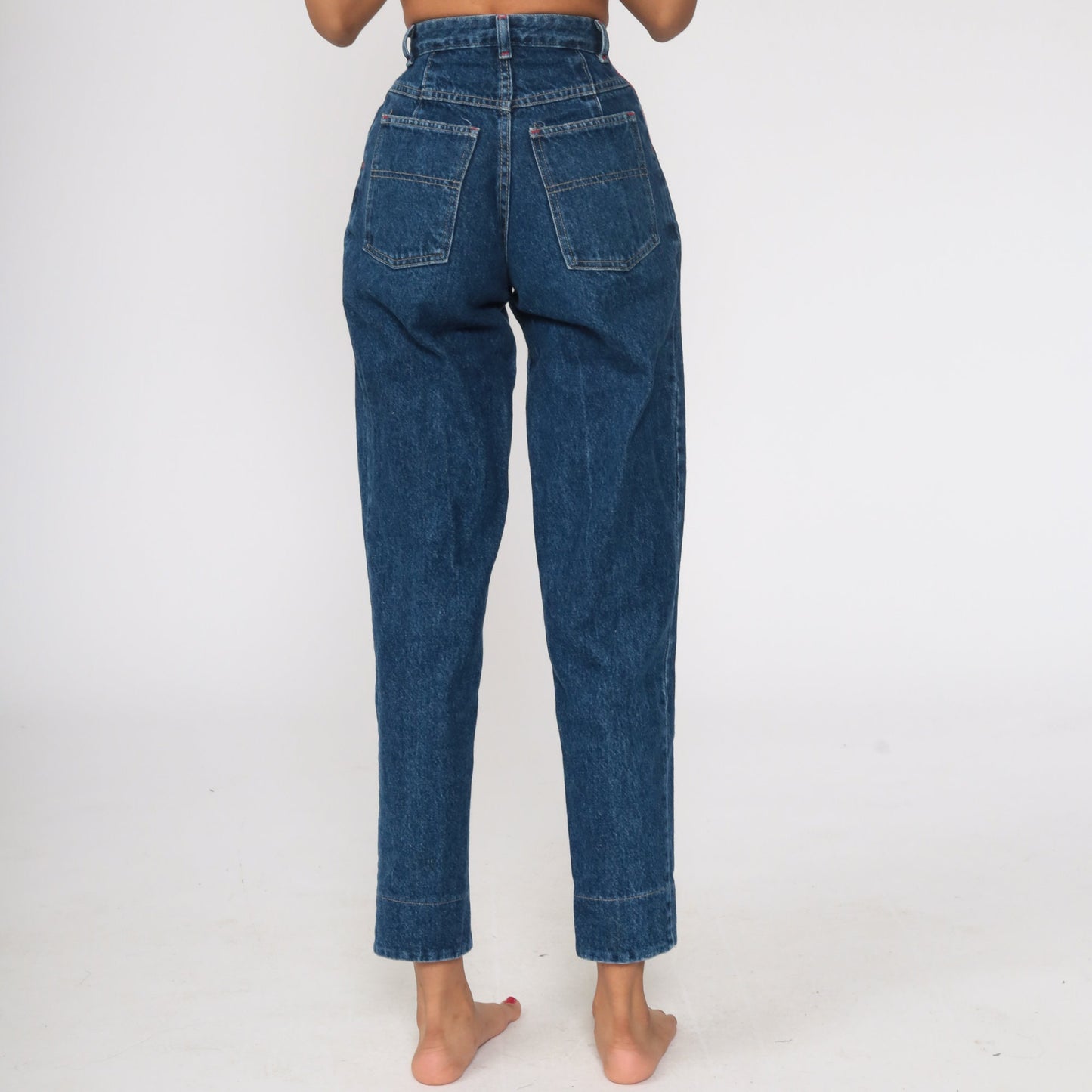 90s High Waisted Pleated Mom Jeans Blue Stone Wash Plaid Trim XXS