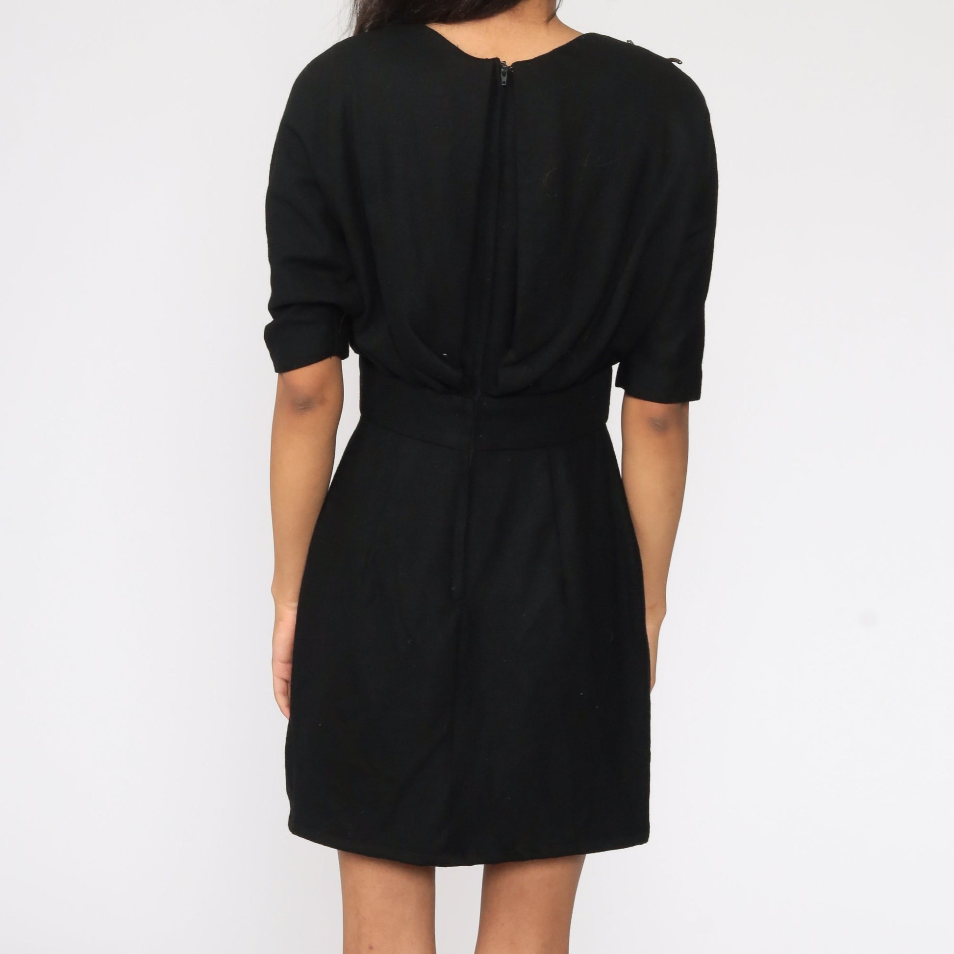 1950s Suzy Perette Black Wool Sheath Dress Dolman Sleeve Small