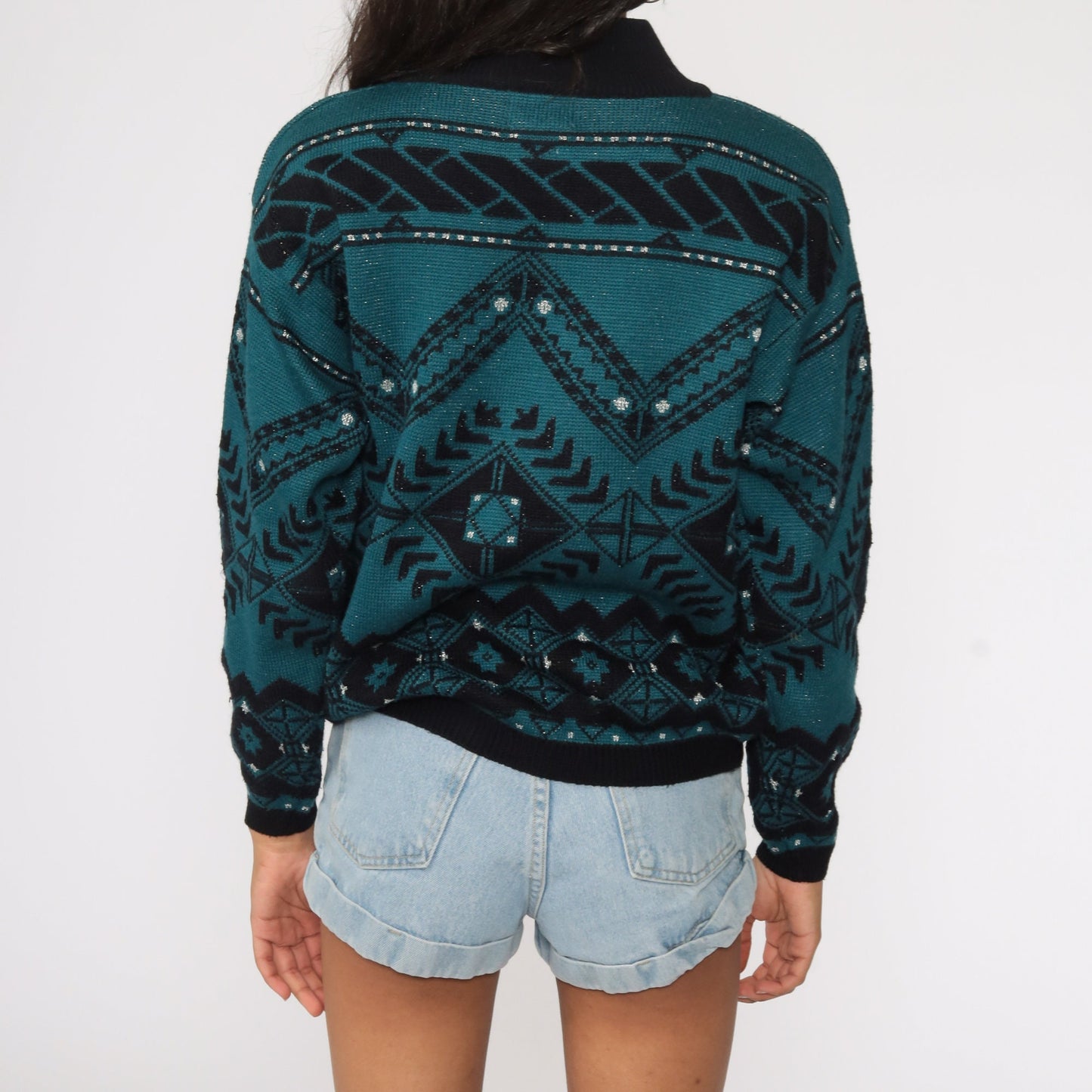 70s Geometric Wool Sweater Black Teal Metallic Pullover Medium