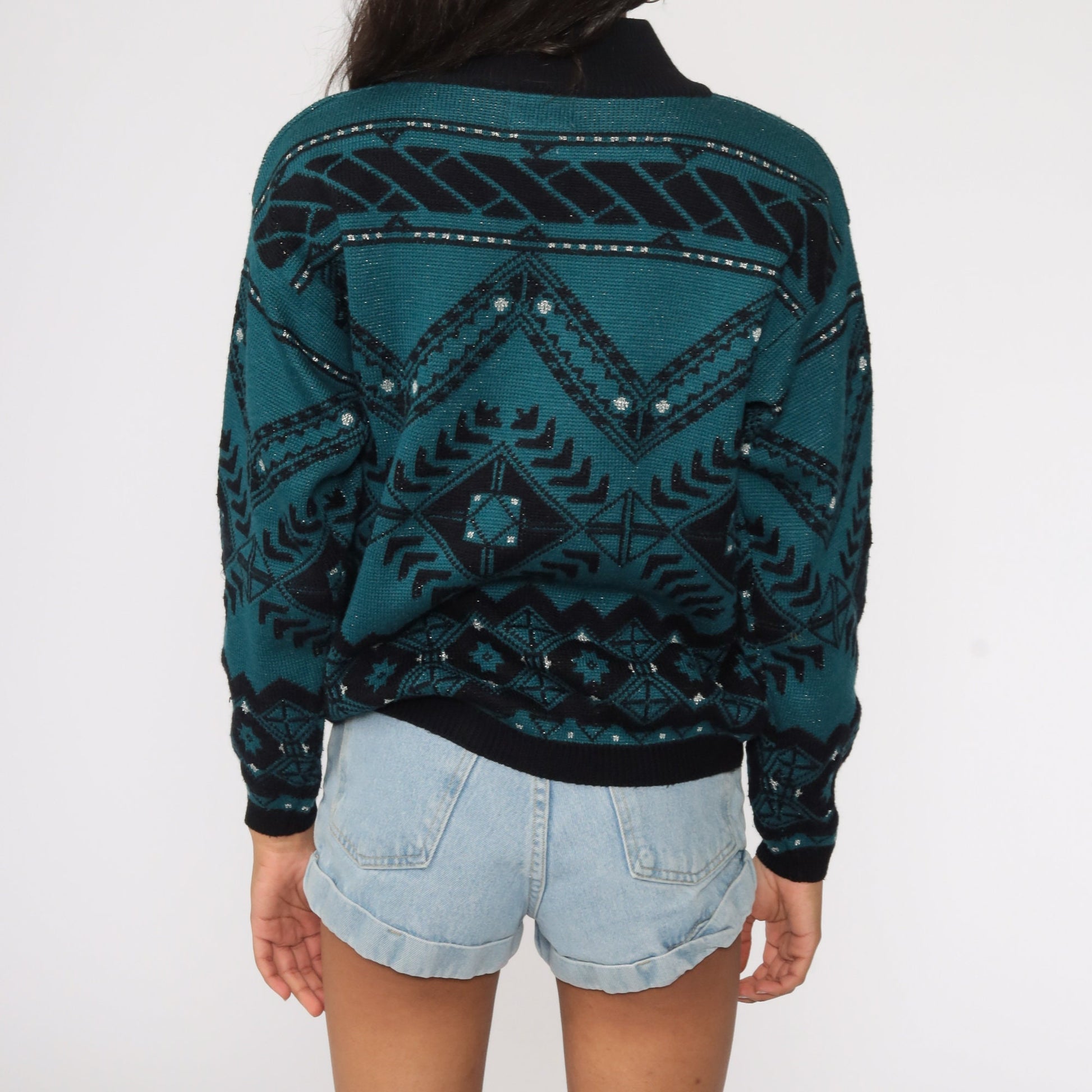 70s Geometric Wool Sweater Black Teal Metallic Pullover Medium