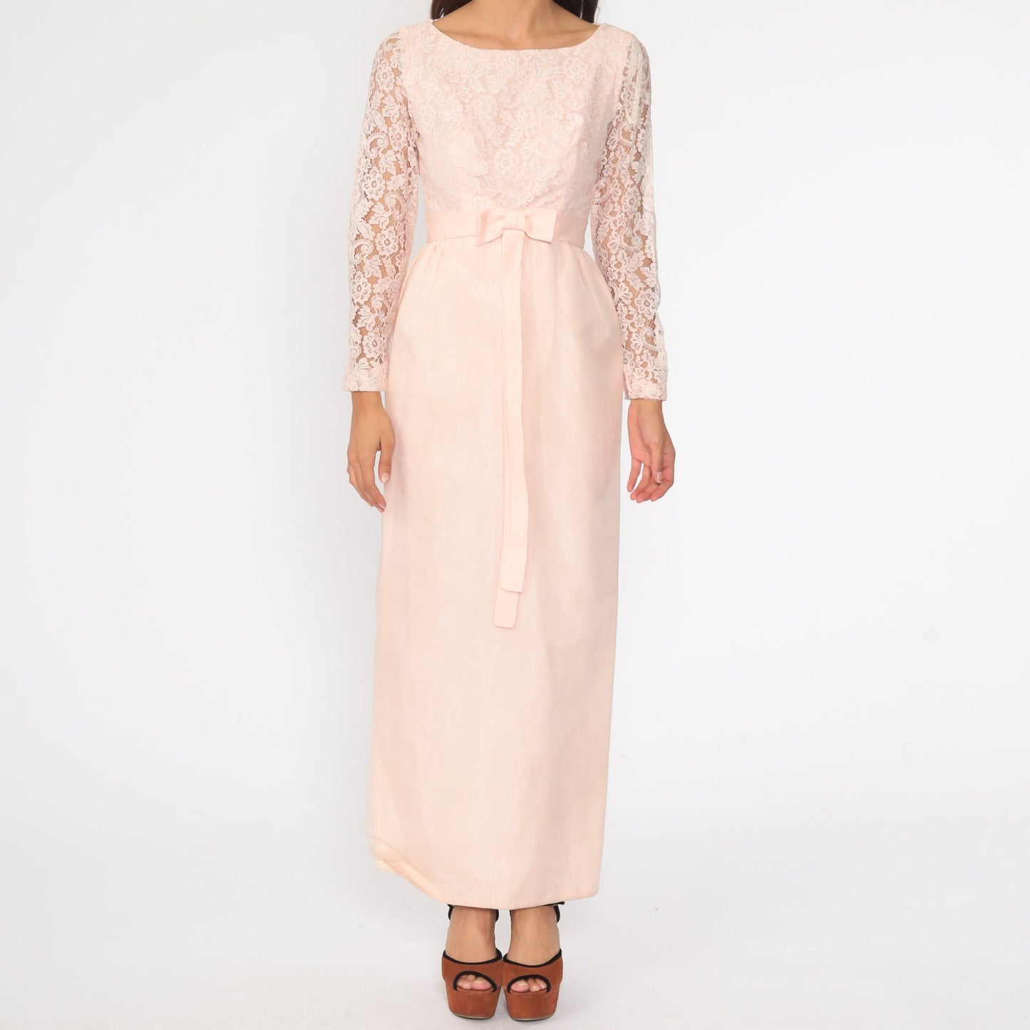 1950s Baby Pink Lace Cocktail Dress Bow Waist Pencil Skirt Extra Small