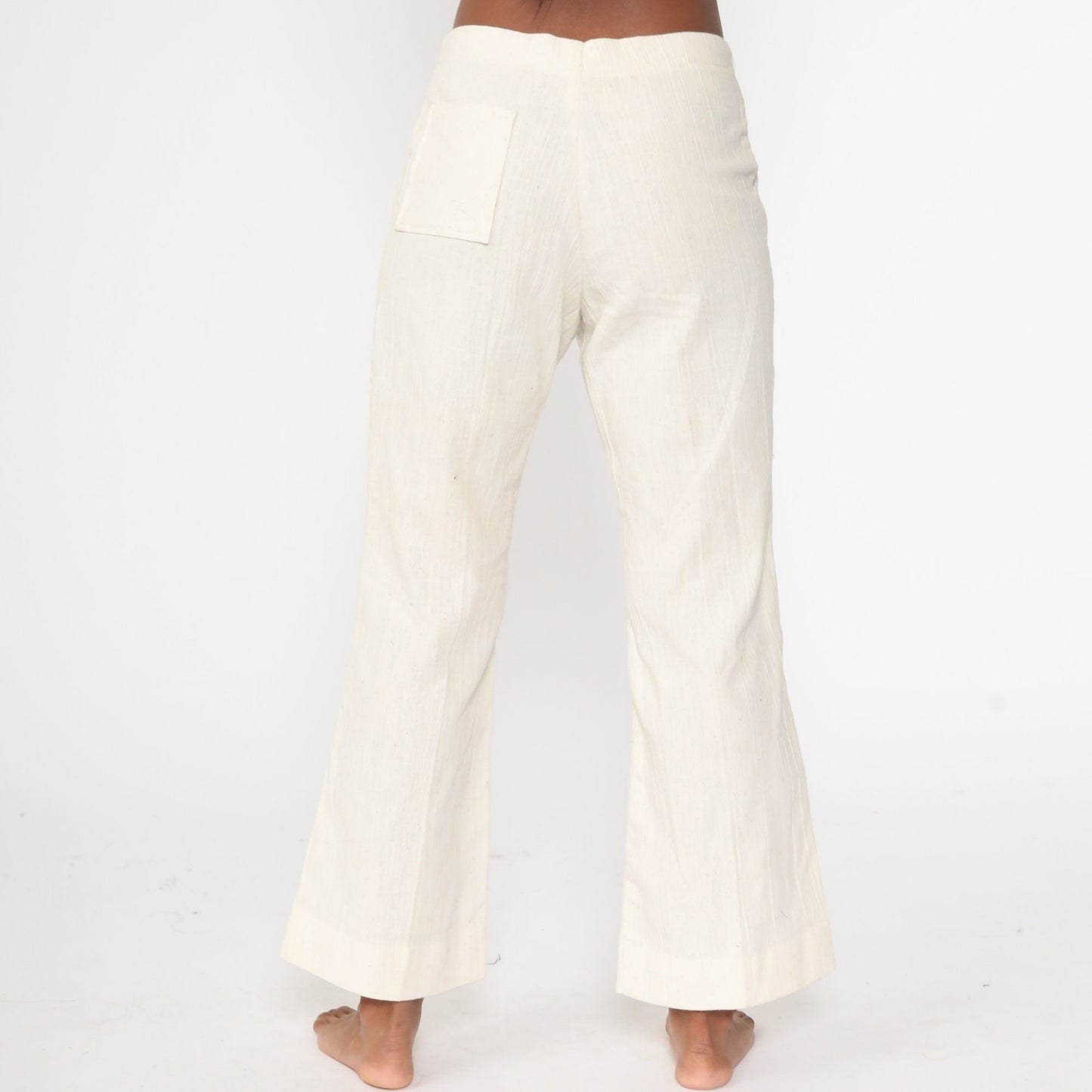 70s Bell Bottom Pants Off-White Cotton Drawstring Mid Rise Small