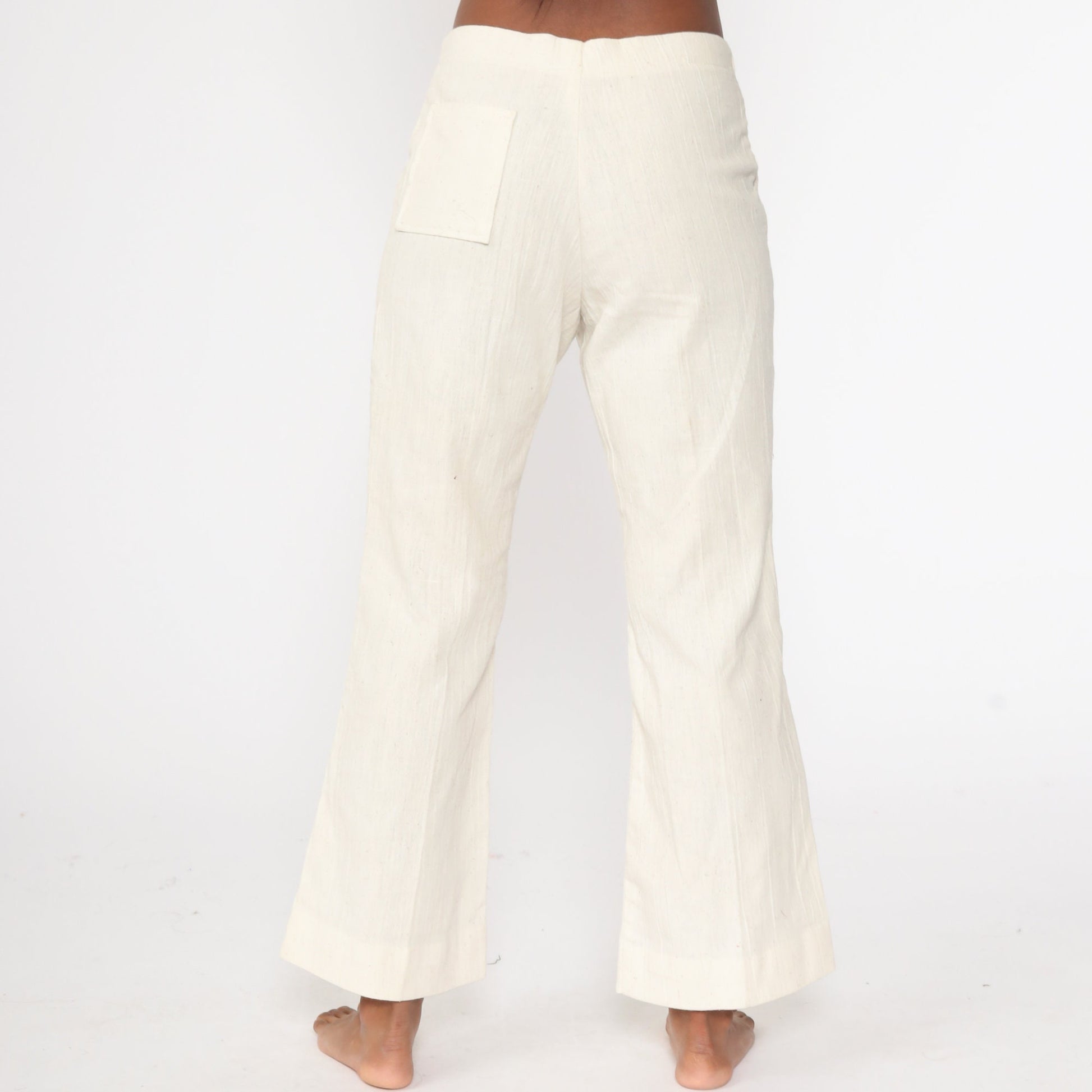 70s Bell Bottom Pants Off-White Cotton Drawstring Mid Rise Small