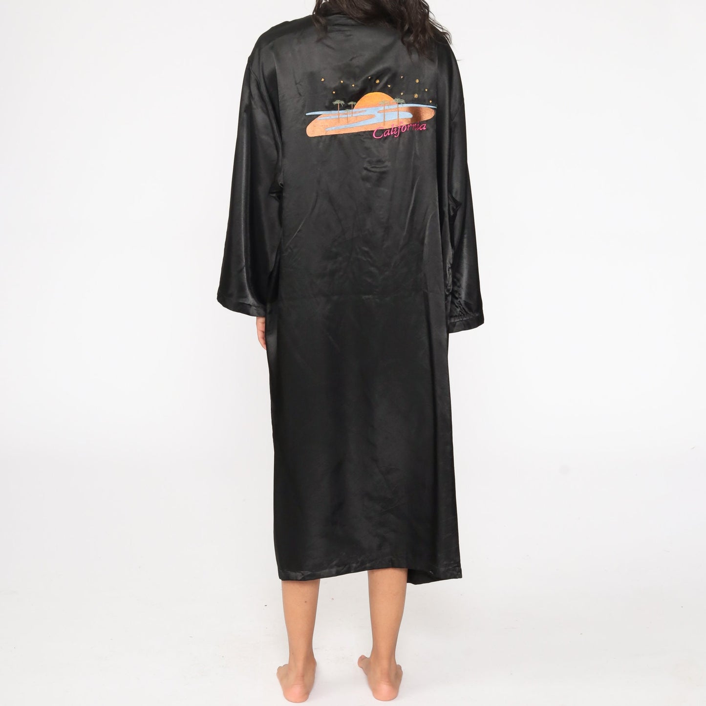 80s Black Satin California Embroidered Kimono Robe Maxi Wrap One Size
