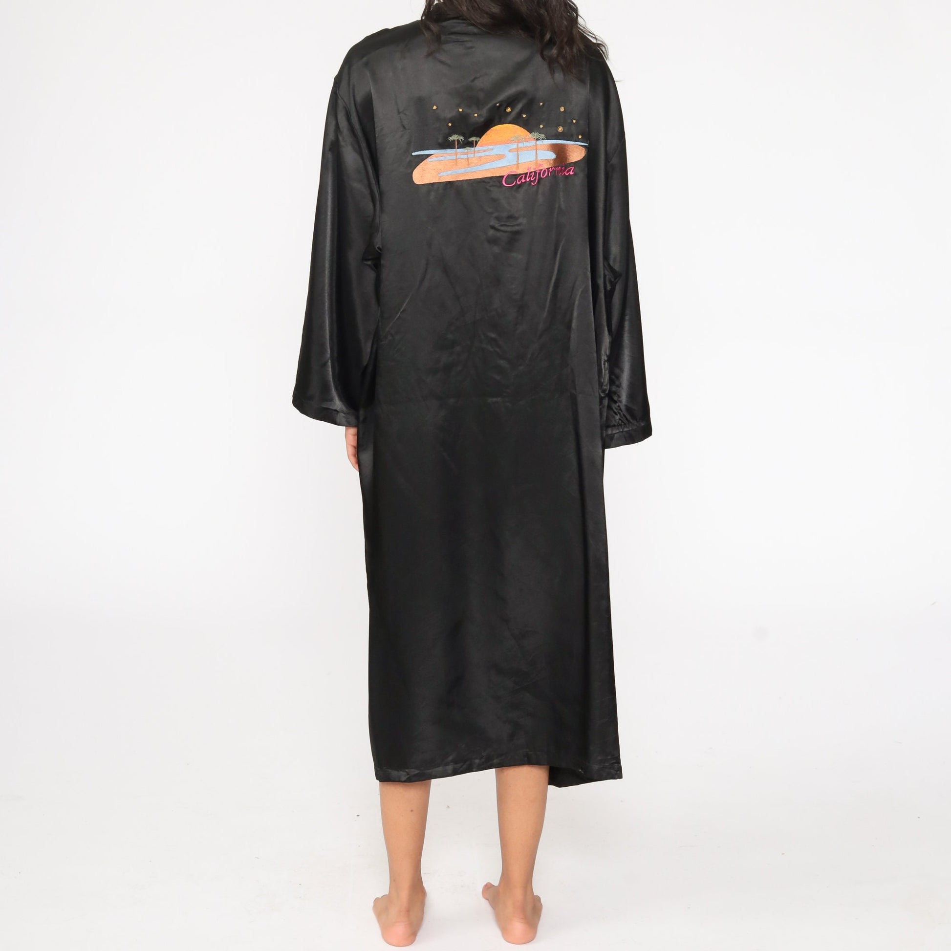 80s Black Satin California Embroidered Kimono Robe Maxi Wrap One Size