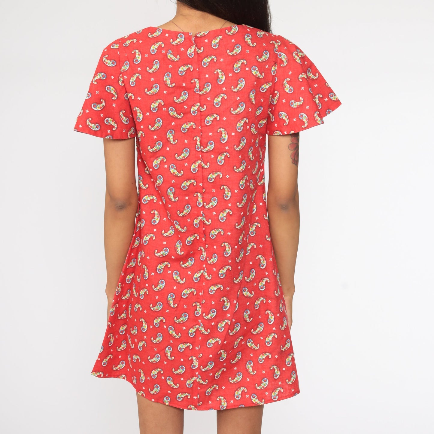 60s Psychedelic Paisley Mini Dress Flutter Sleeve Shift Red Small