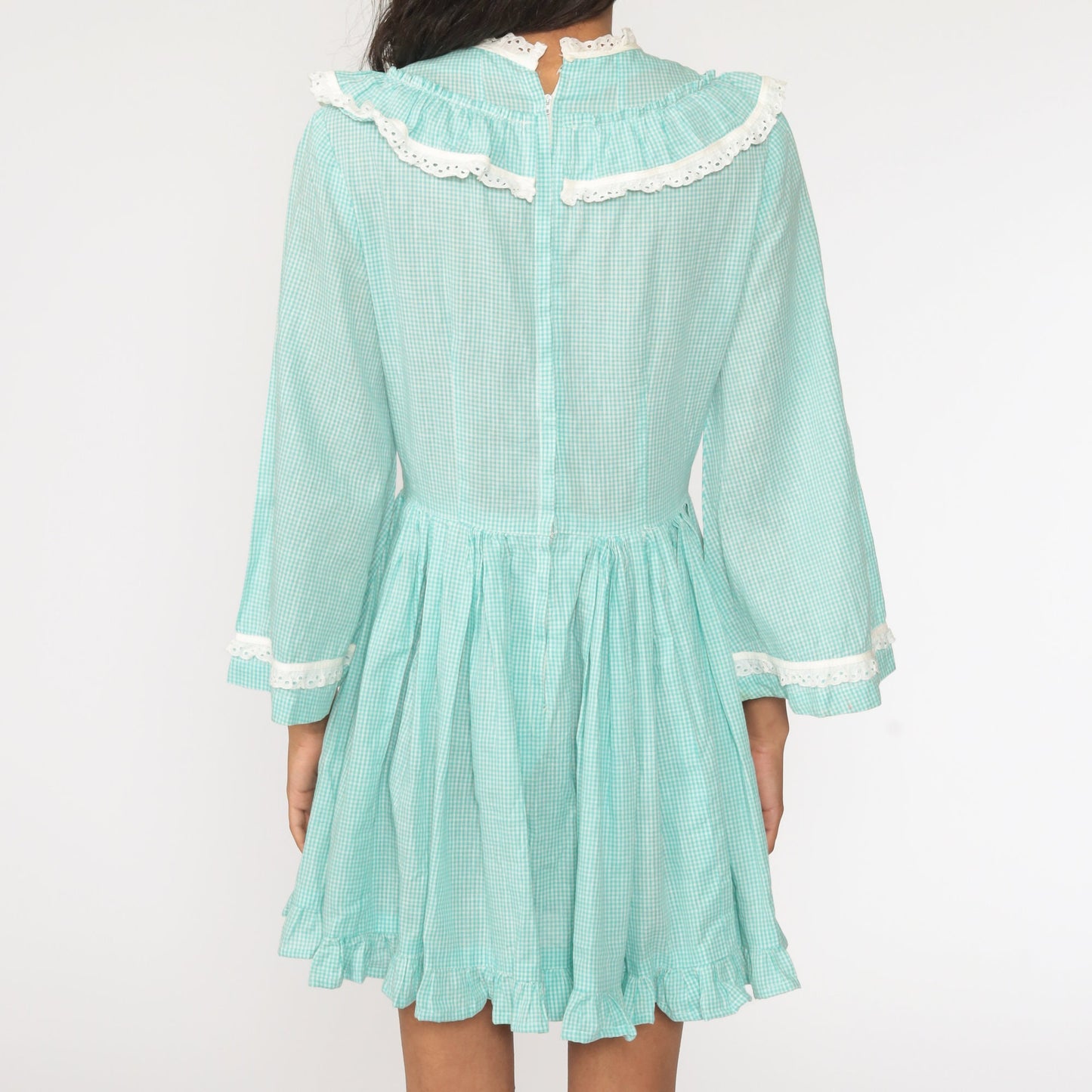 1960s Gingham Mini Dress Bell Sleeve Eyelet Lace Bluish Green Small